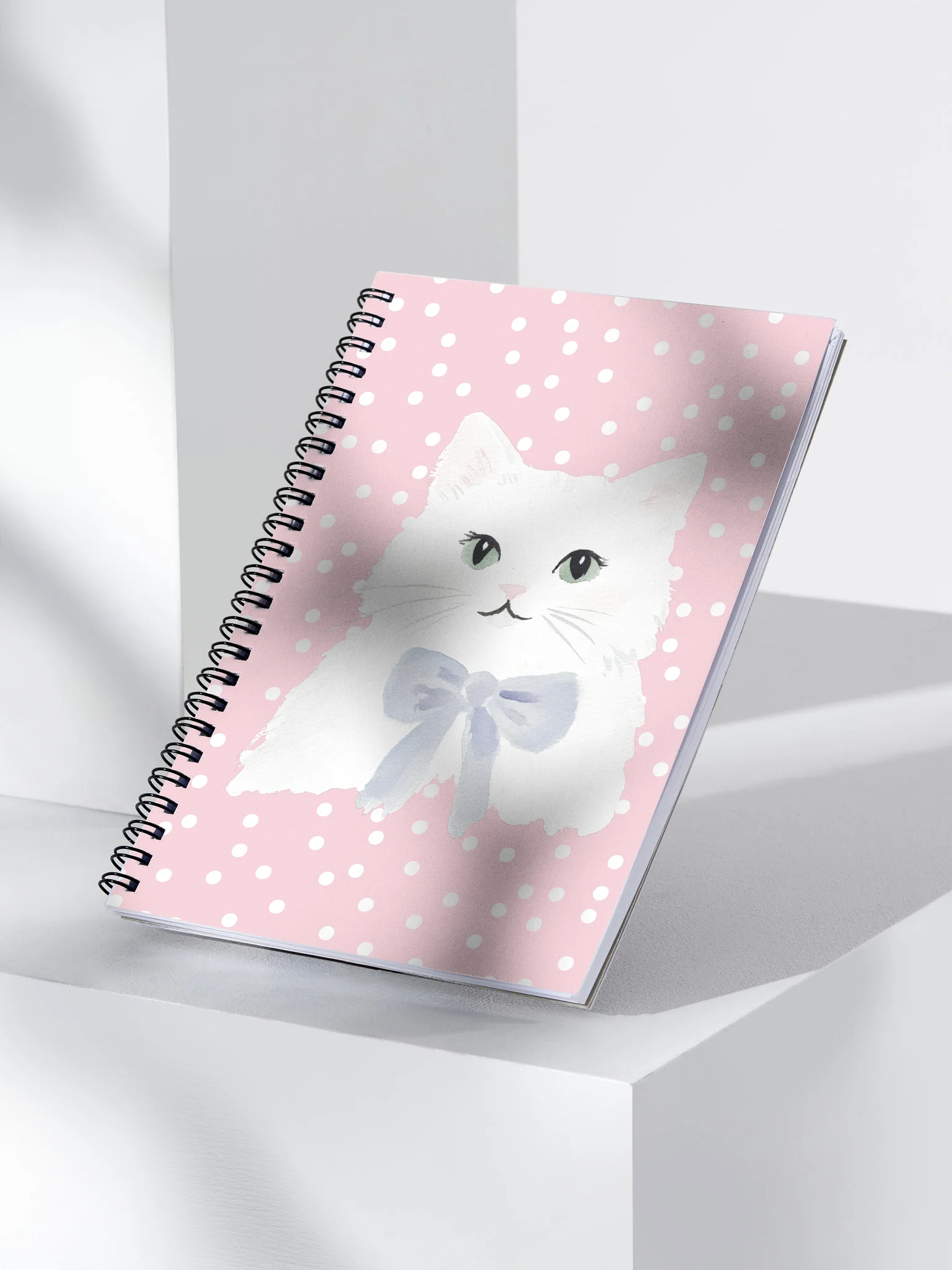 Fluffy White Cat with Bow Spiral Notebook – Cute Polka Dot Edition product image (3)