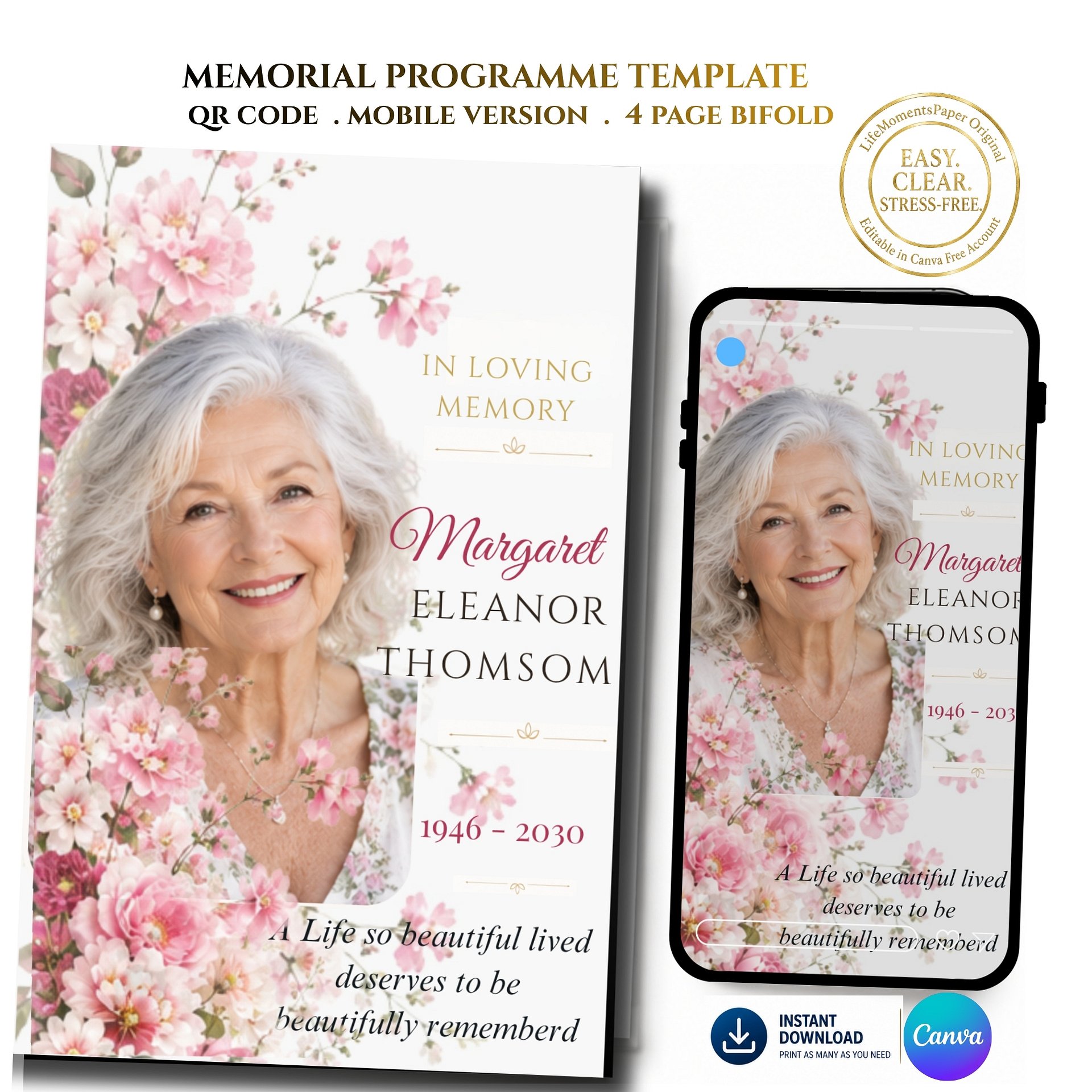 Celebration of Life Program for Woman | Funeral Obituary Canva Template with Mobile Version & QR Code product image (1)