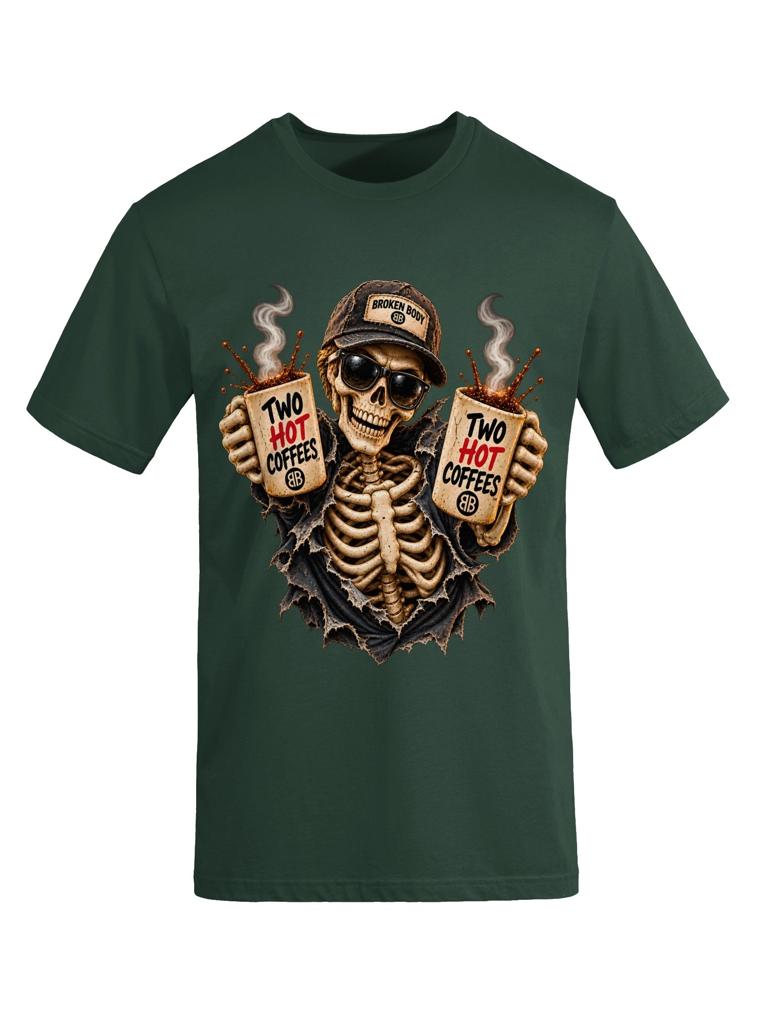 Funny Halloween Skeleton Coffee Shirt — Two Hot Coffees™ Single-Print Tee | Holly-Ween™ product image (6)