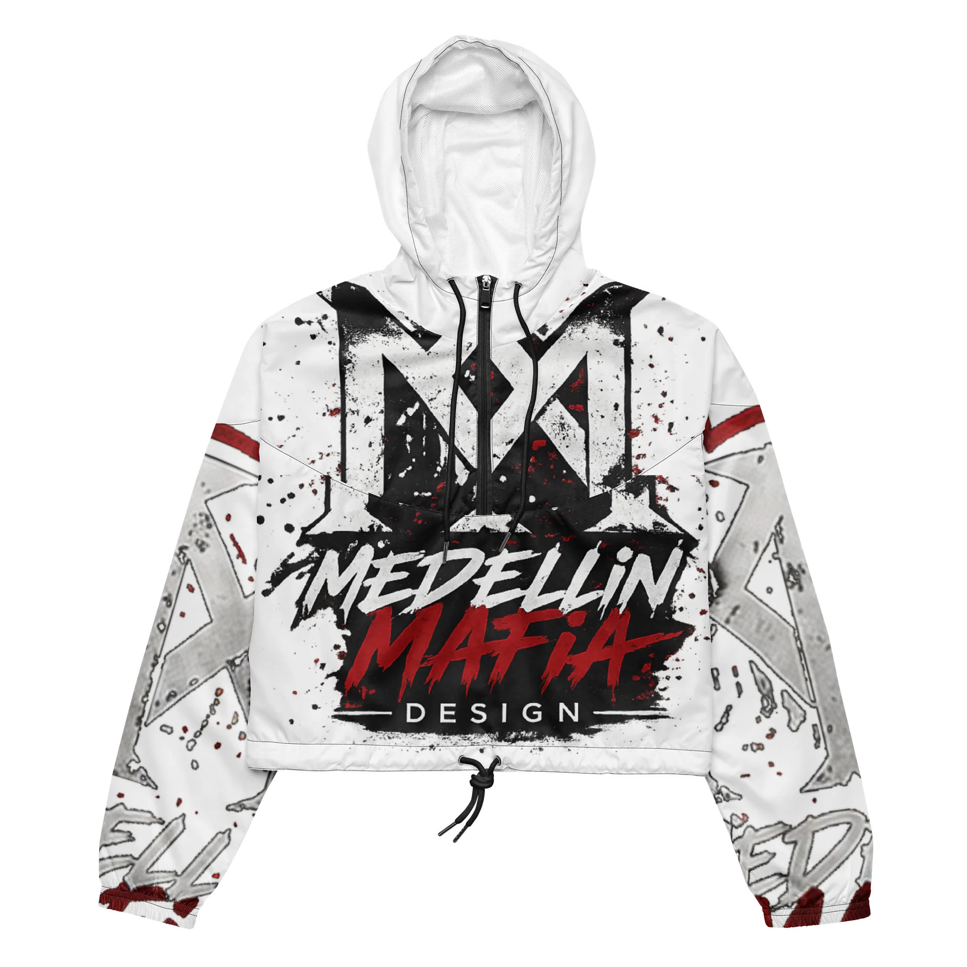 Medellin Mafia Design Women’s Cropped Windbreaker Hoodie – White Red Black Graffiti Streetwear Jacket product image (3)