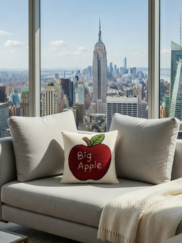Big Apple Pillow 14x14" | Hand-Hooked Red Apple NYC Throw Pillow product image (2)