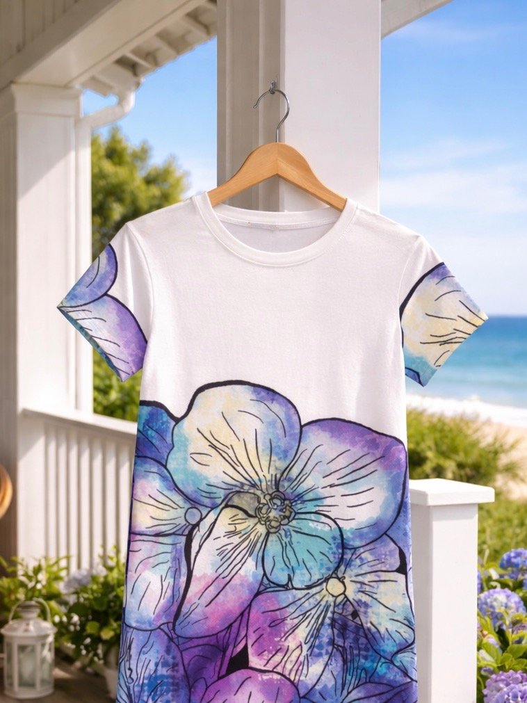 Coastal Bloom Hydrangeas on White | Elegant Summer Design | T-Shirt Dress | by Monique Faella Designs™ product image (8)