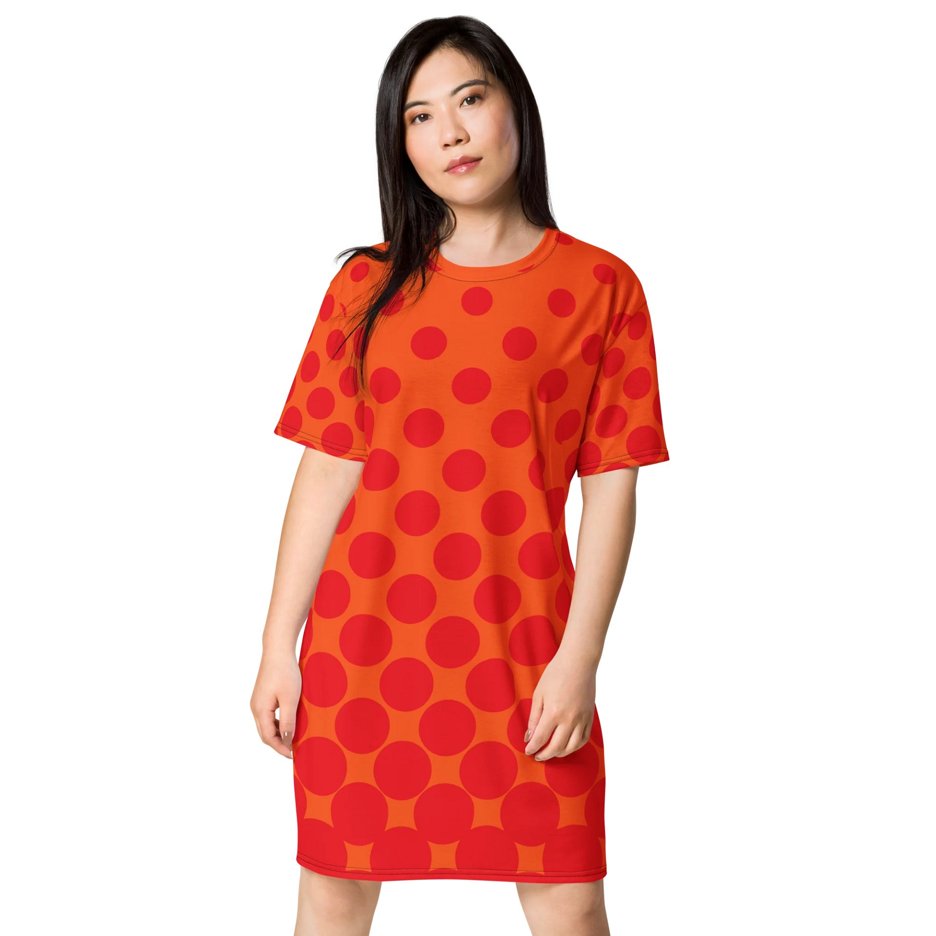 Trendy Oversized T-Shirt Dress with Exclusive Orange Polka Dot Design - TDSMUSIC.com product image (1)