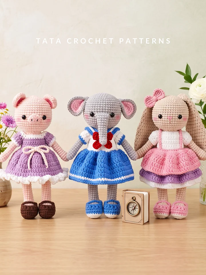 3-in-1 Amigurumi Animal Dolls with Removable Outfits – Crochet Pattern Bundle (Bunny, Piggy, Elephant) | Digital PDF product image (1)