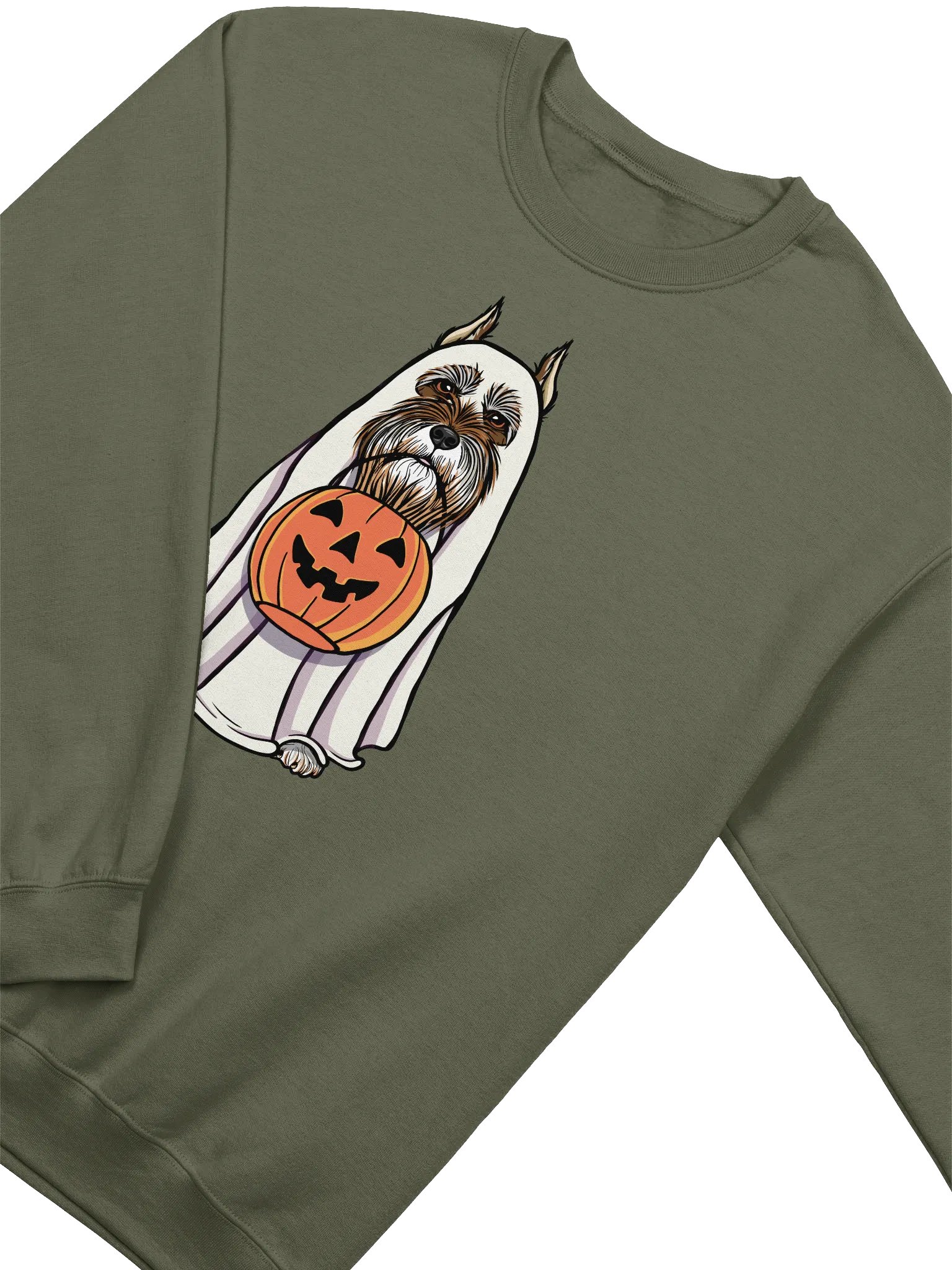 Funny Halloween Schnauzer(Cropped Ears Liver) Sweatshirt | Funny Schnauzer Wearing a Ghost Costume and Holding a Pumpkin Basket product image (4)
