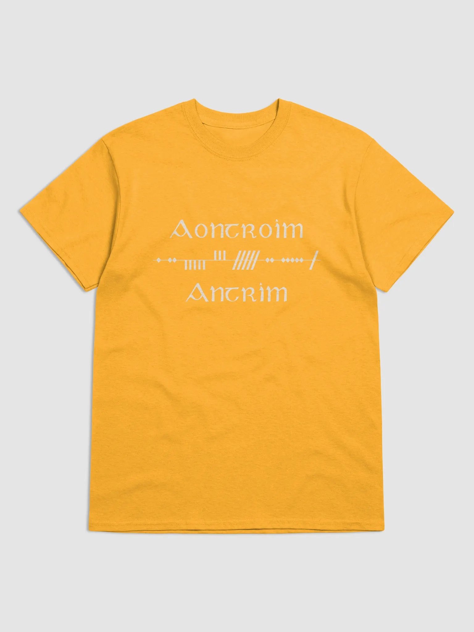 Antrim/Aontroim Scholastic style Ogham Saffron Printed T-shirt product image (1)