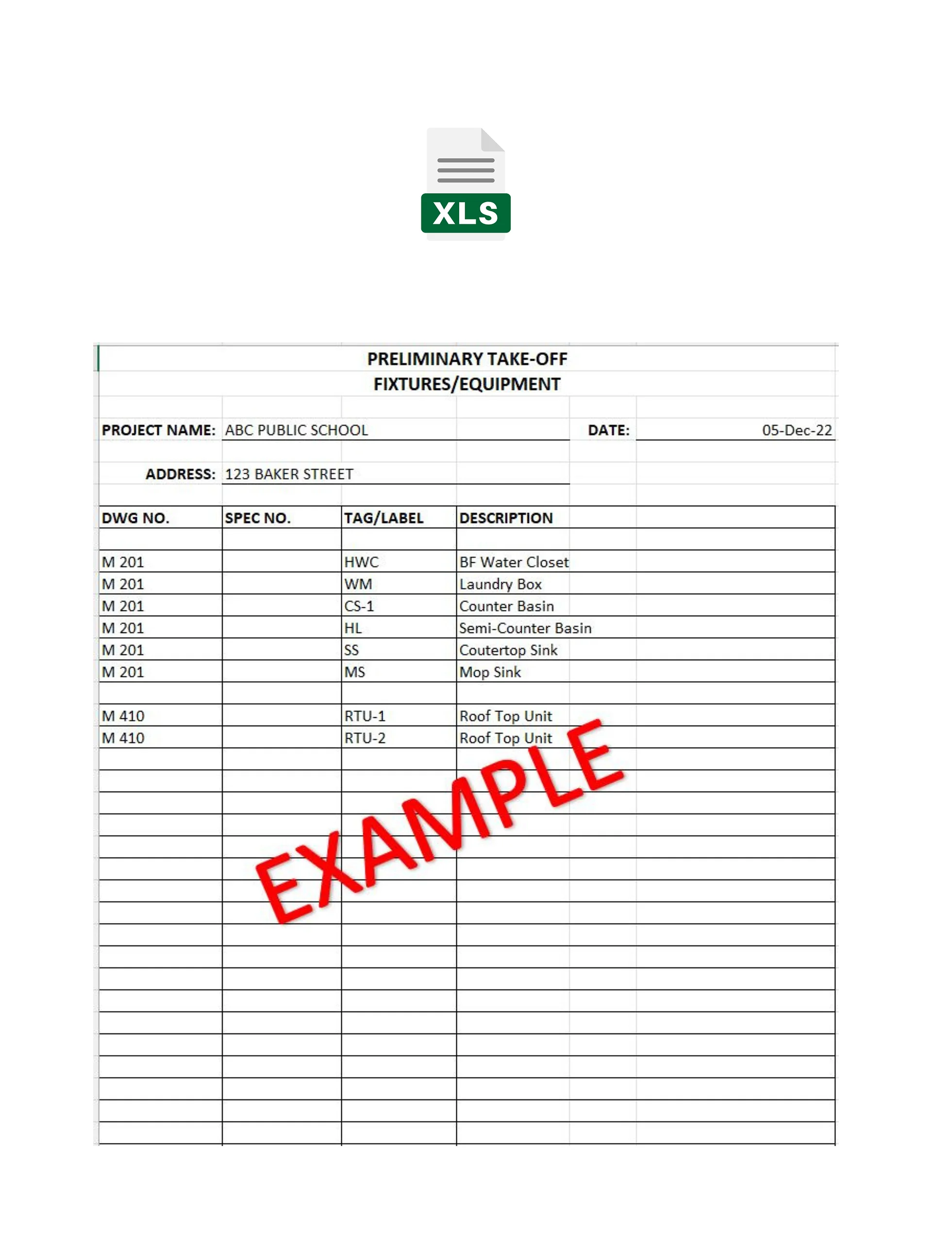 Preliminary Take-Off - Fixtures & Equipment - MS Excel product image (2)