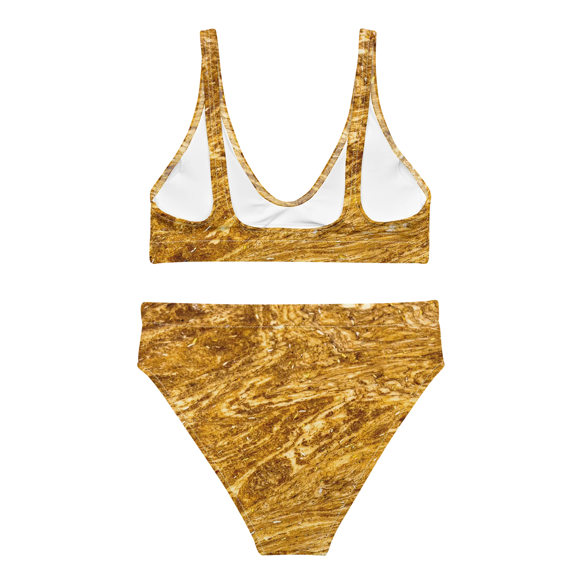 Golden Strata: Golden Amber Marble High-Waisted Bikini Set | All-Over Print Recycled Swimsuit | Eco-Friendly Earthy Ochre Two-Piece product image (2)