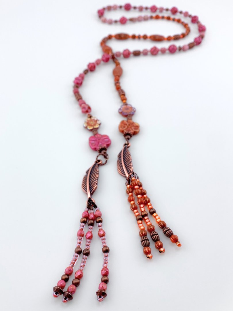 Pink and Orange Glass Beaded Fringe Lariat Style Necklace Set product image (1)