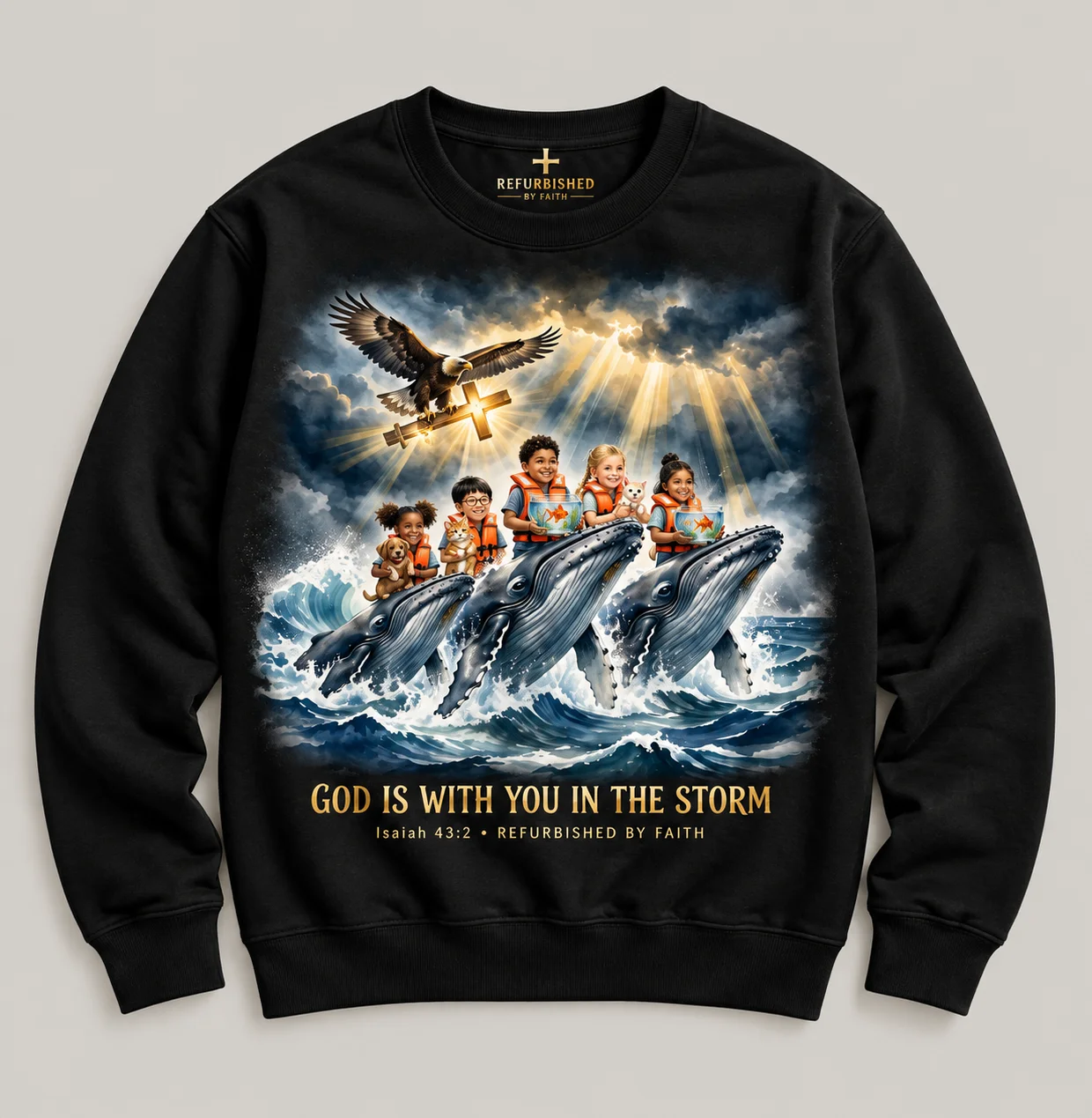God Is With You in the Storm Kids Christian Sweatshirt | Isaiah 43:2 Whale Crewneck | Christian Youth Faith Sweatshirt | Refurbished by Faith product image (2)