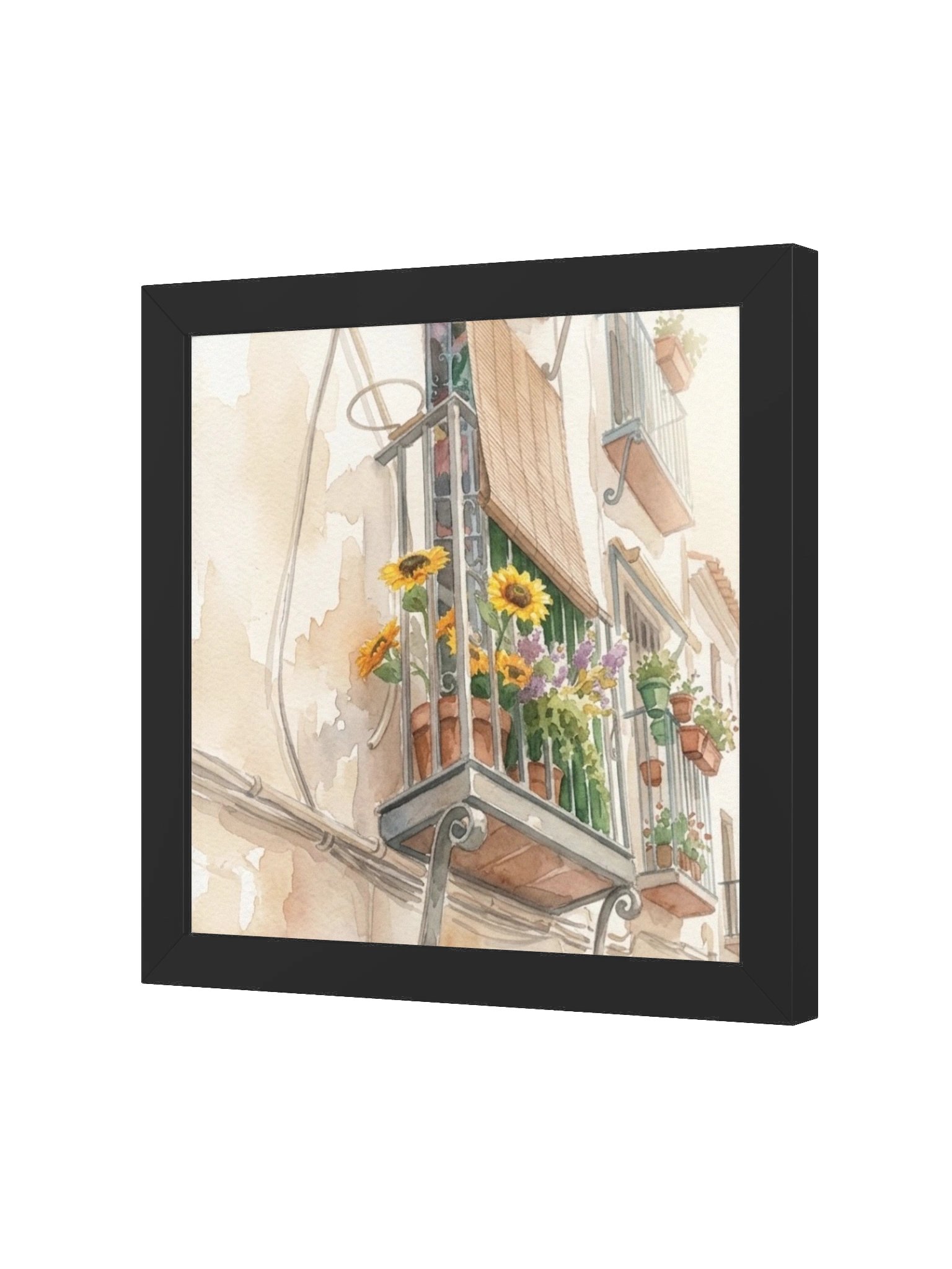 Mediterranean Balcony Watercolor Square Print | Sunflower Wall Art | European Street Scene Painting | Rustic Spanish Village Decor product image (3)
