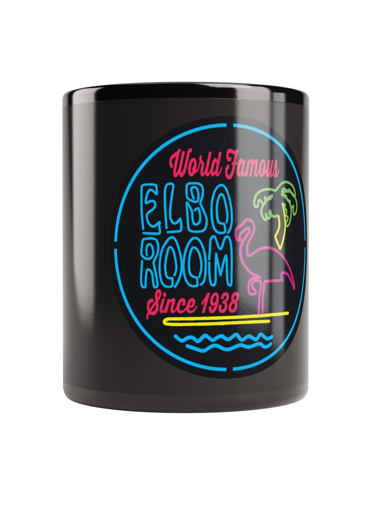 Elbo Room World Famous Neon Flamingo Ceramic Coffee Mug | Gloss Black product image (3)