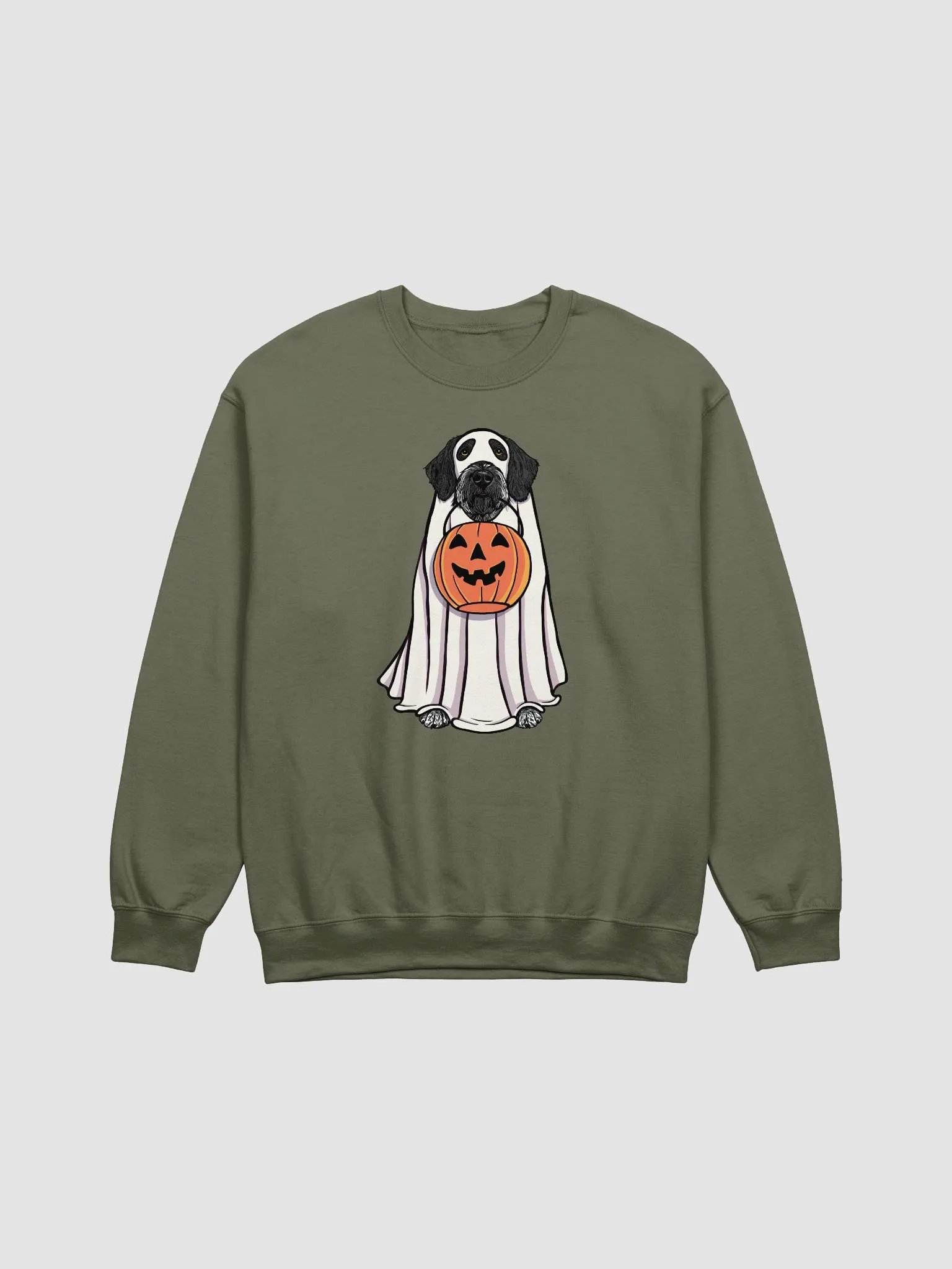 Funny Halloween German Wirehaired Pointer(Black) Sweatshirt | Funny Dog Wearing a Ghost Costume and Holding a Pumpkin Basket product image (1)