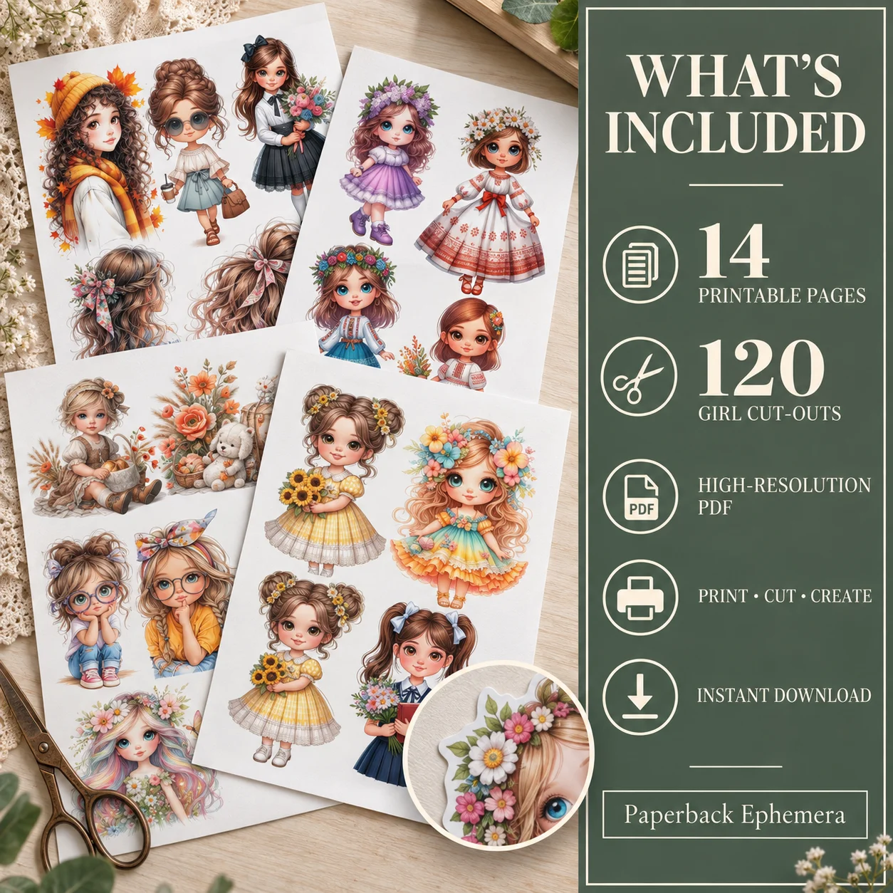 Whimsical Girls Ephemera Printable PDF – 14 Junk Journal Collage Pages product image (2)