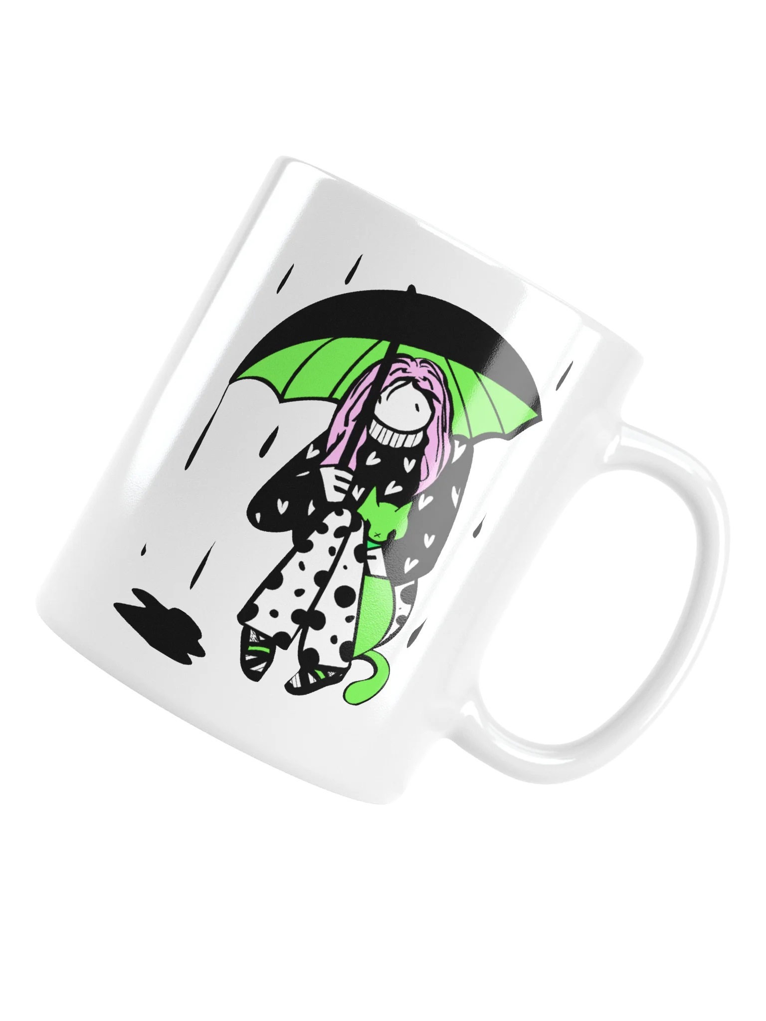 Mug: Girl with cat in rain series: green, pink, black and white product image (5)