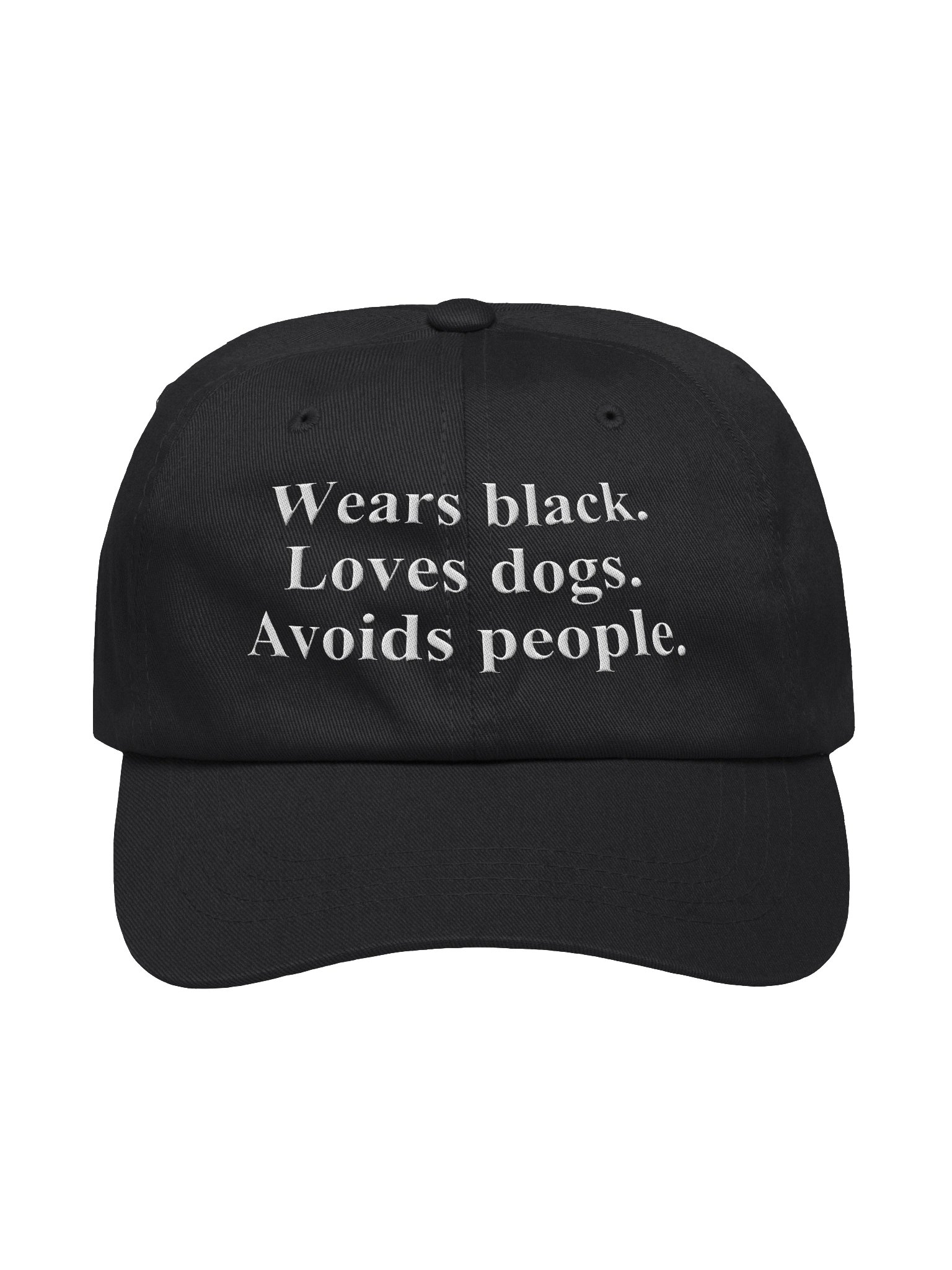 Wears black. Loves dogs. Avoids people. Embroidered Hat product image (1)