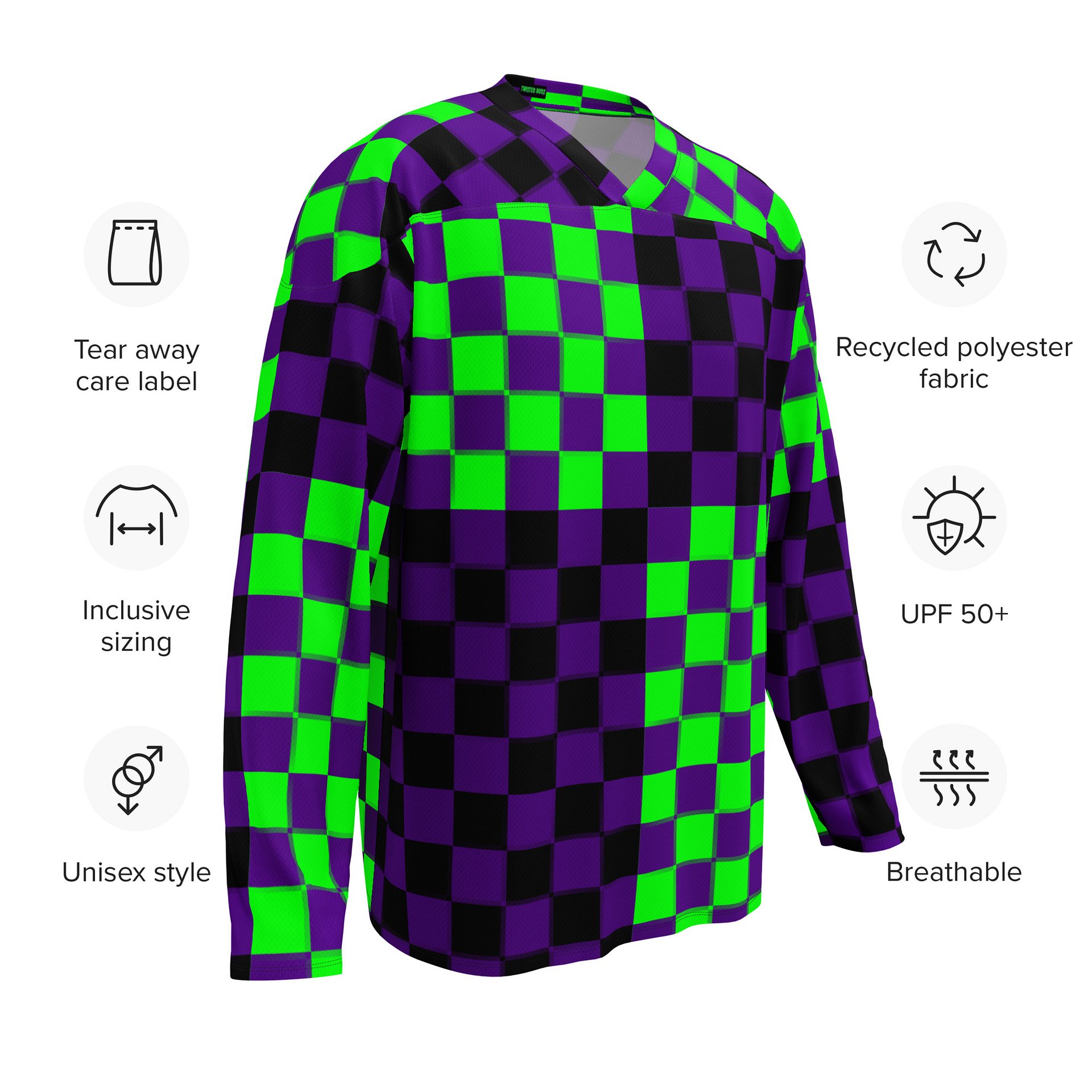 Rave Recycled Hockey Jersey, Twisted Checkers Clowncore Clothing, Silly Circus Style Fun Festival Top, Neon Green Purple Black Odd EDM Shirt product image (9)