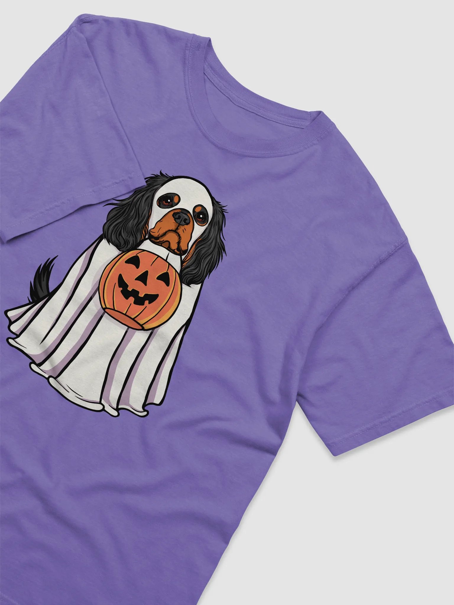 Funny Halloween Cavalier King Charles Spaniel(Black & Tan) T-Shirt | Funny Cavalier Wearing a Ghost Costume and Holding a Pumpkin Basket product image (6)