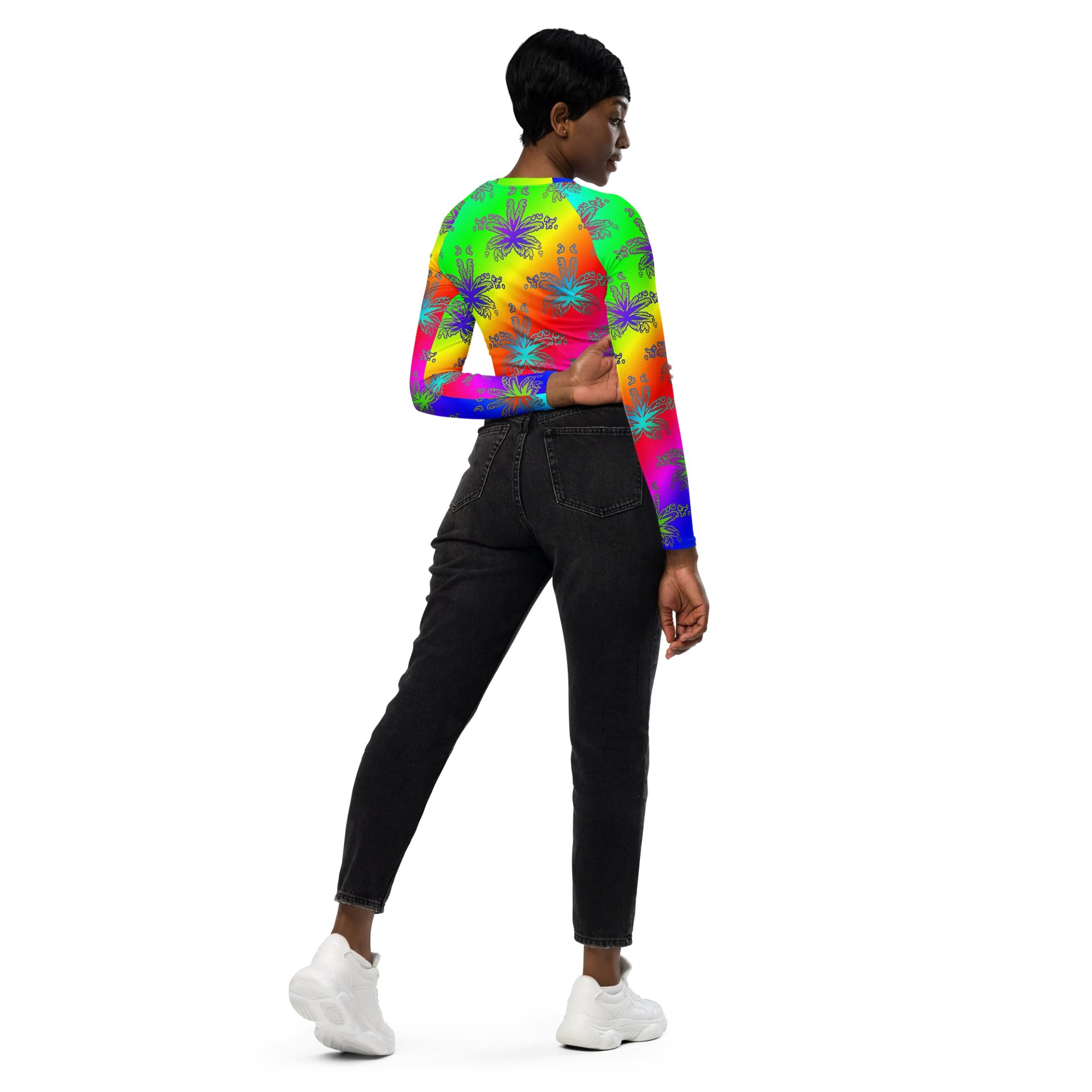 Reefer Rainbow Rave Recycled Long-Sleeve Crop Top, 420 Festival Fashion, Summer Stoner Shirt, Cannabis Queer Pride LGBTQIA+ Art Clothing product image (7)