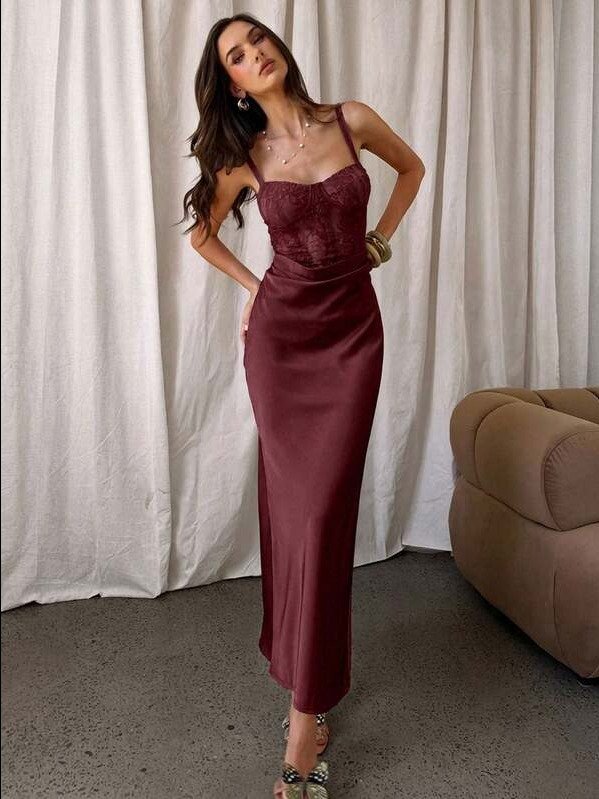 ADLEST Women's Olive Green Satin Lace Patchwork Dress, Party Dress, Date Dress, Autumn/Winter Bustier Dress Green Satin Dress Green Sexy Dress Built In Bra Dress Sage Dress product image (6)