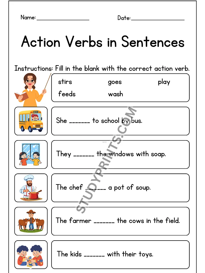 20 Printable Action Verbs Worksheets – Fill in the Blank product image (2)