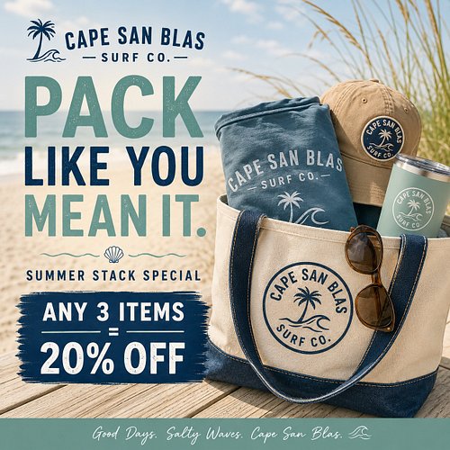 Last call for the Summer Stack Special. Grab any 3 items from Cape San Blas Surf Co. and get 20% off before this offer slips ...