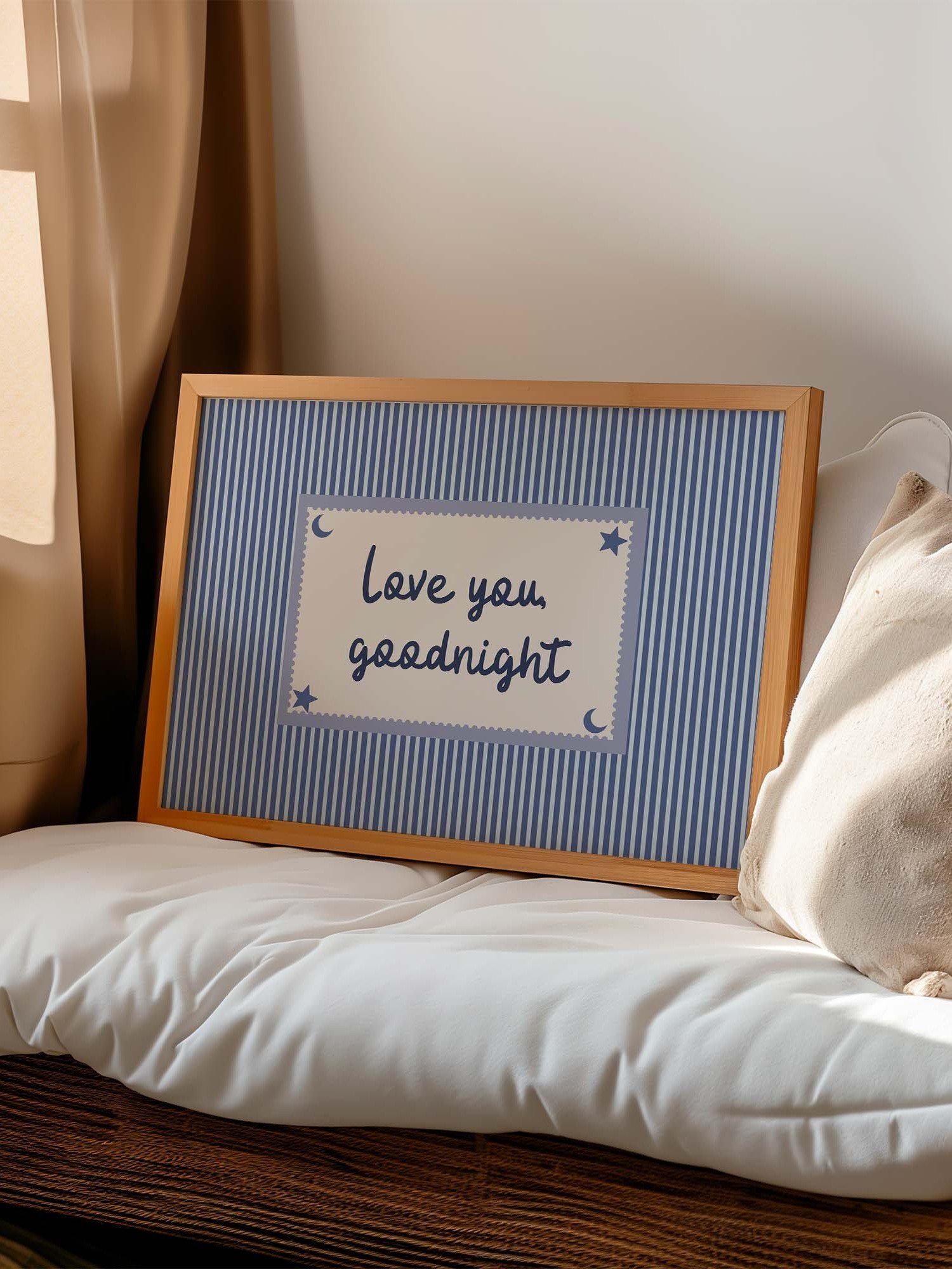 Love You Goodnight Print, Blue Striped Bedroom Wall Art, Handwritten Bedtime Quote, Nursery Decor, Horizontal Digital Download product image (7)