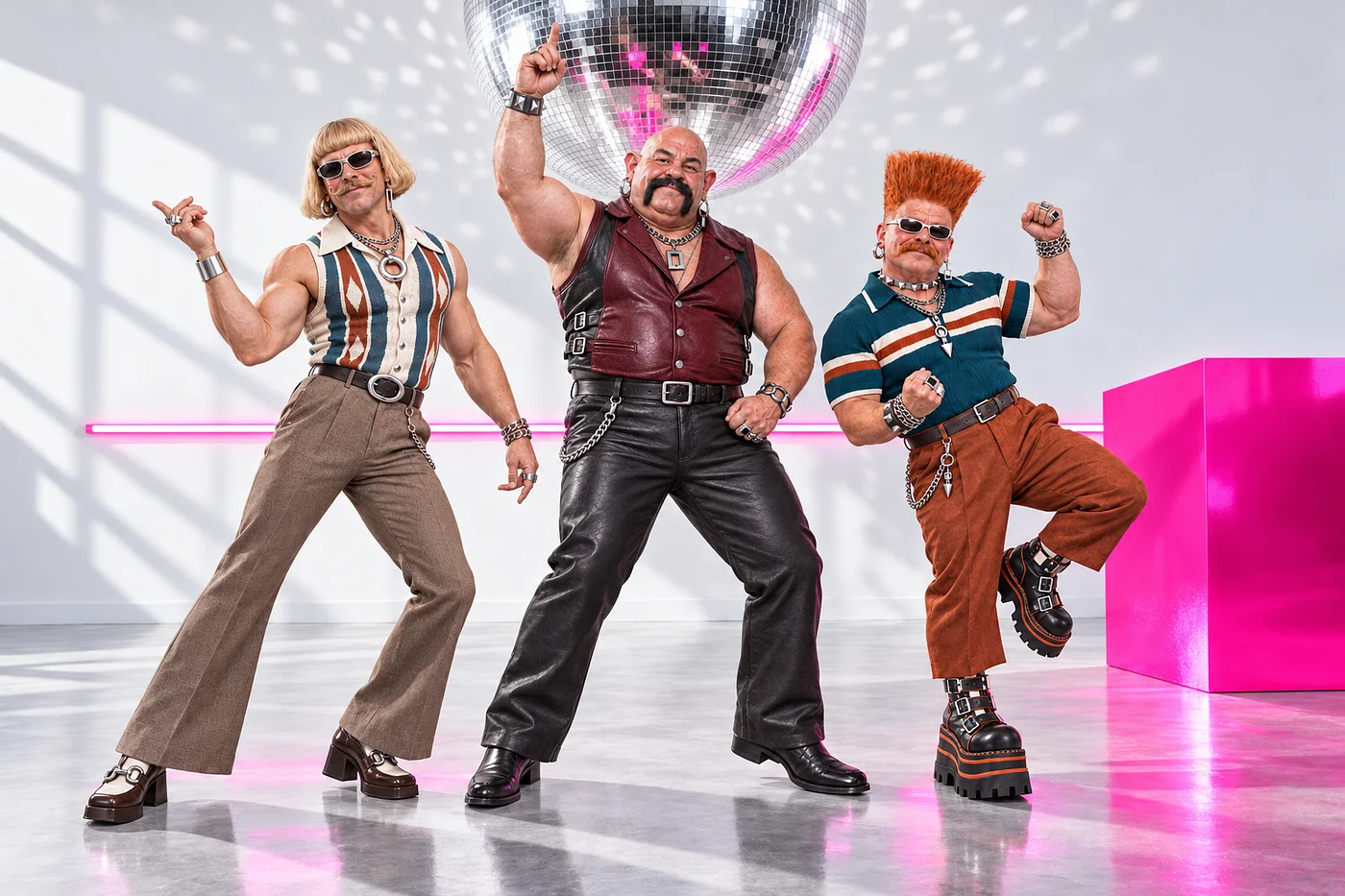 Bob, Brutus and Block dancing beneath a silver disco ball
