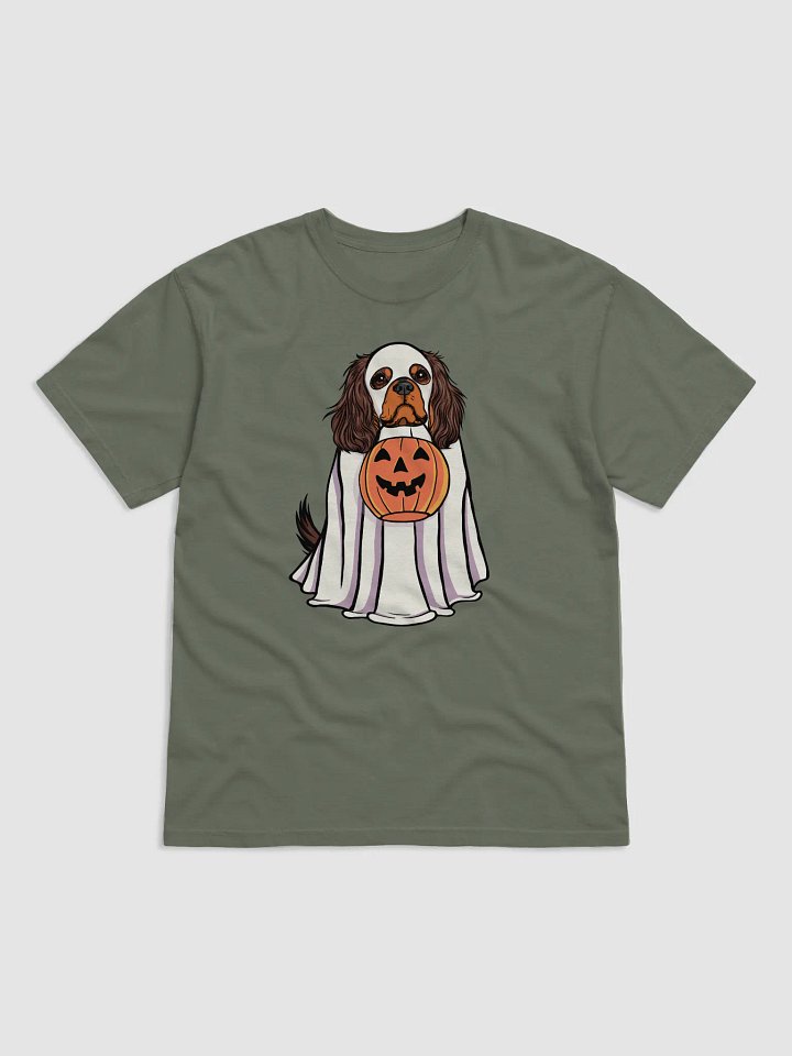 Funny Halloween Cavalier King Charles Spaniel(Brown & Tan) T-Shirt | Funny Cavalier Wearing a Ghost Costume and Holding a Pumpkin Basket product image (1)