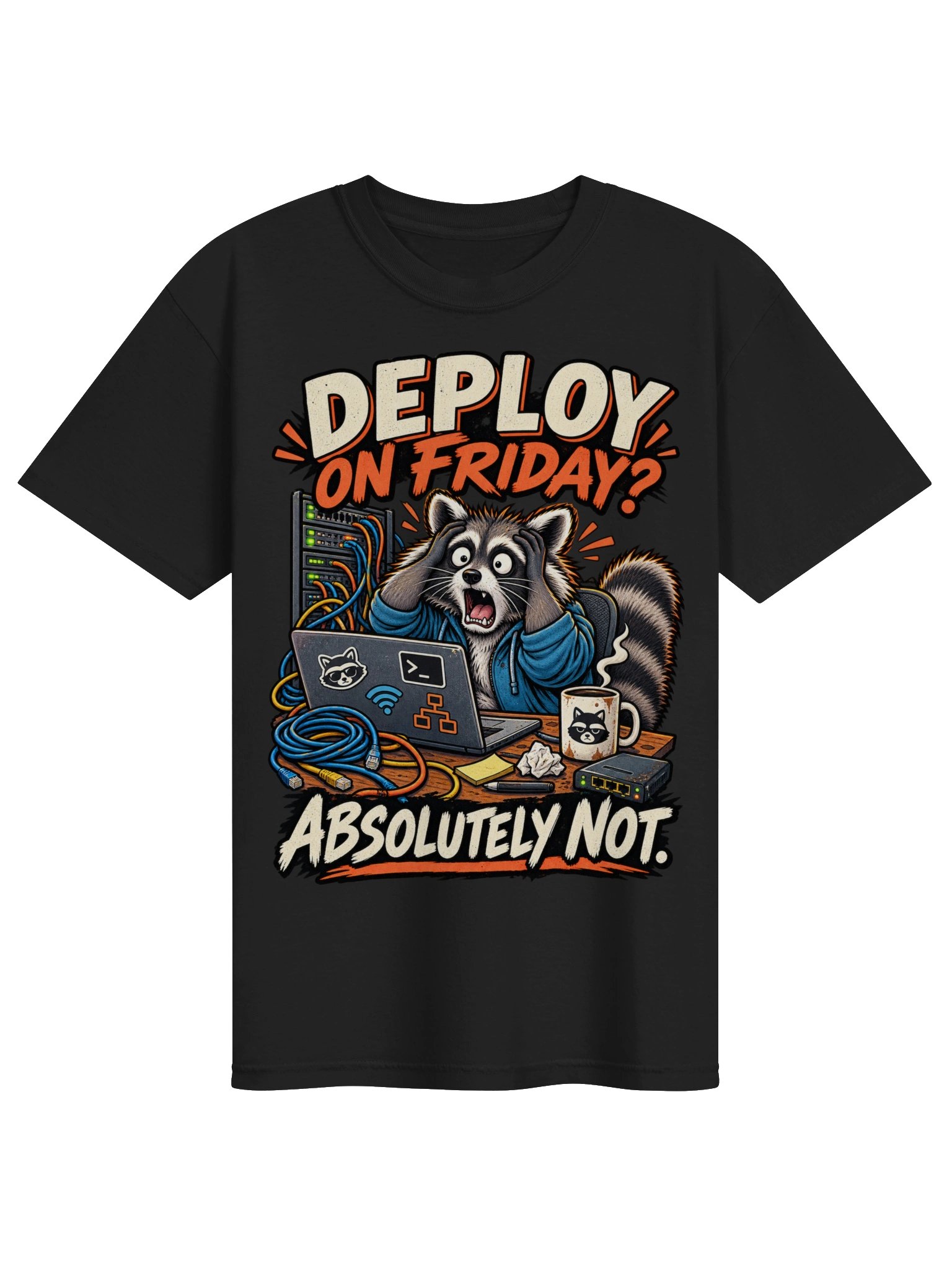 Sarcastic Raccoon IT Tech "Deploy On Friday? Absolutely Not" Funny Animal Lover T-Shirt product image (1)