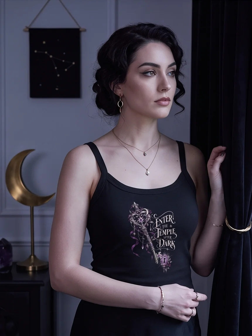 “Enter the Temple After Dark” Dark Feminine Lunar Graphic Cropped Baby Tee | Fethria product image (2)