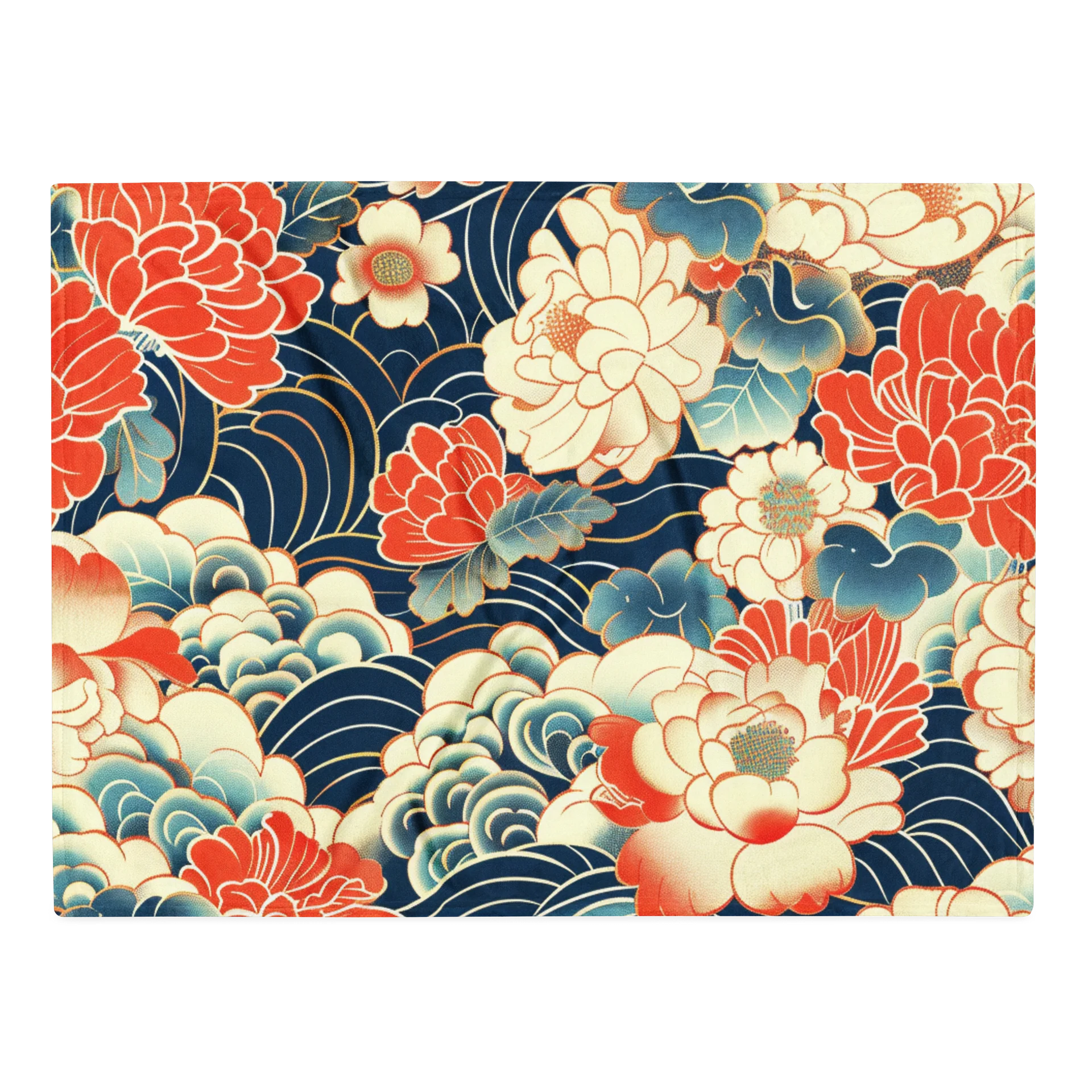 Traditional Japanese Floral Throw Blanket - Peony Wave Aesthetic Fleece product image (1)