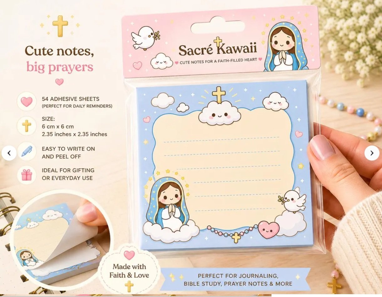 Chibi Virgin Mary Sticky Notes | Kawaii Spiritual Pastel Notepad (6cm) product image (2)