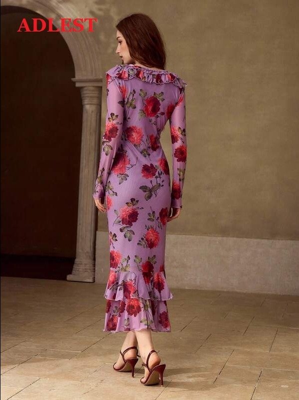 ADLEST | MOFT PREMIUM WOMEN'S ROMANTIC ROSE PRINT LONG SLEEVE MID-LENGTH DRESS, SPRING/SUMMER product image (4)