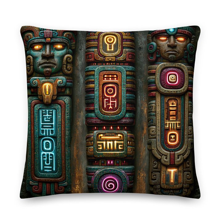 Archive Guardians I — Neon Mayan Machine Totem Cushion Cover 22x22 product image (2)