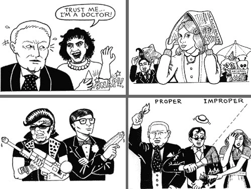 Cartoon panels of the props in action by Phil DeJean from RockyHorror.com