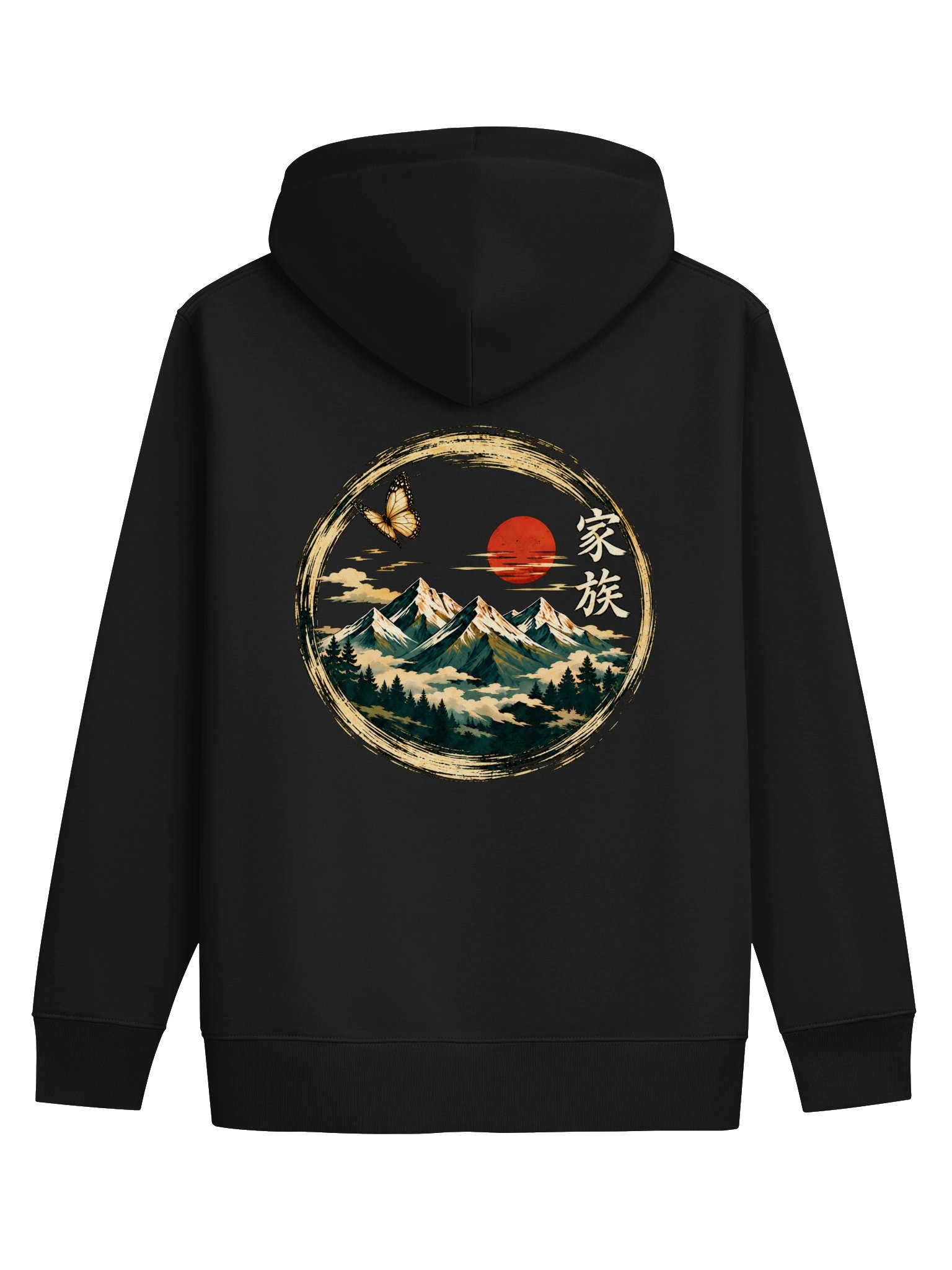 Hoodie Kazoku Life de dos, photo produit Fourthwall actuelle avec le motif remonté