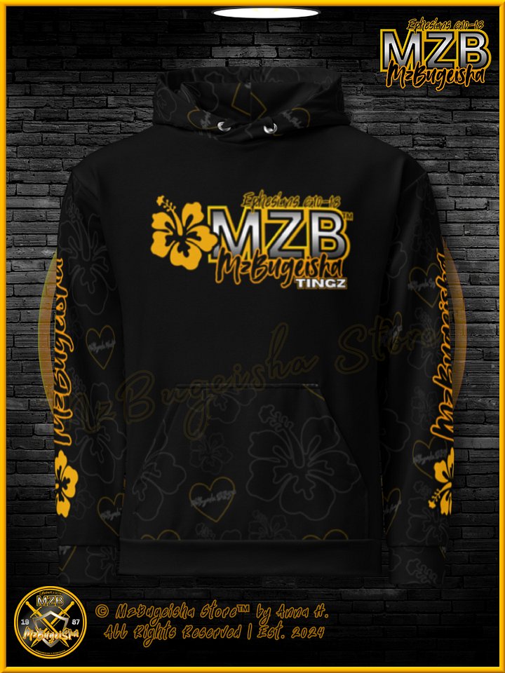Hoodie - MzBugeisha™ "MZB Tingz™ Logo [V1] (hibiscus/blk/yellow)" [AOP] Hoodie By Anna H. product image (1)