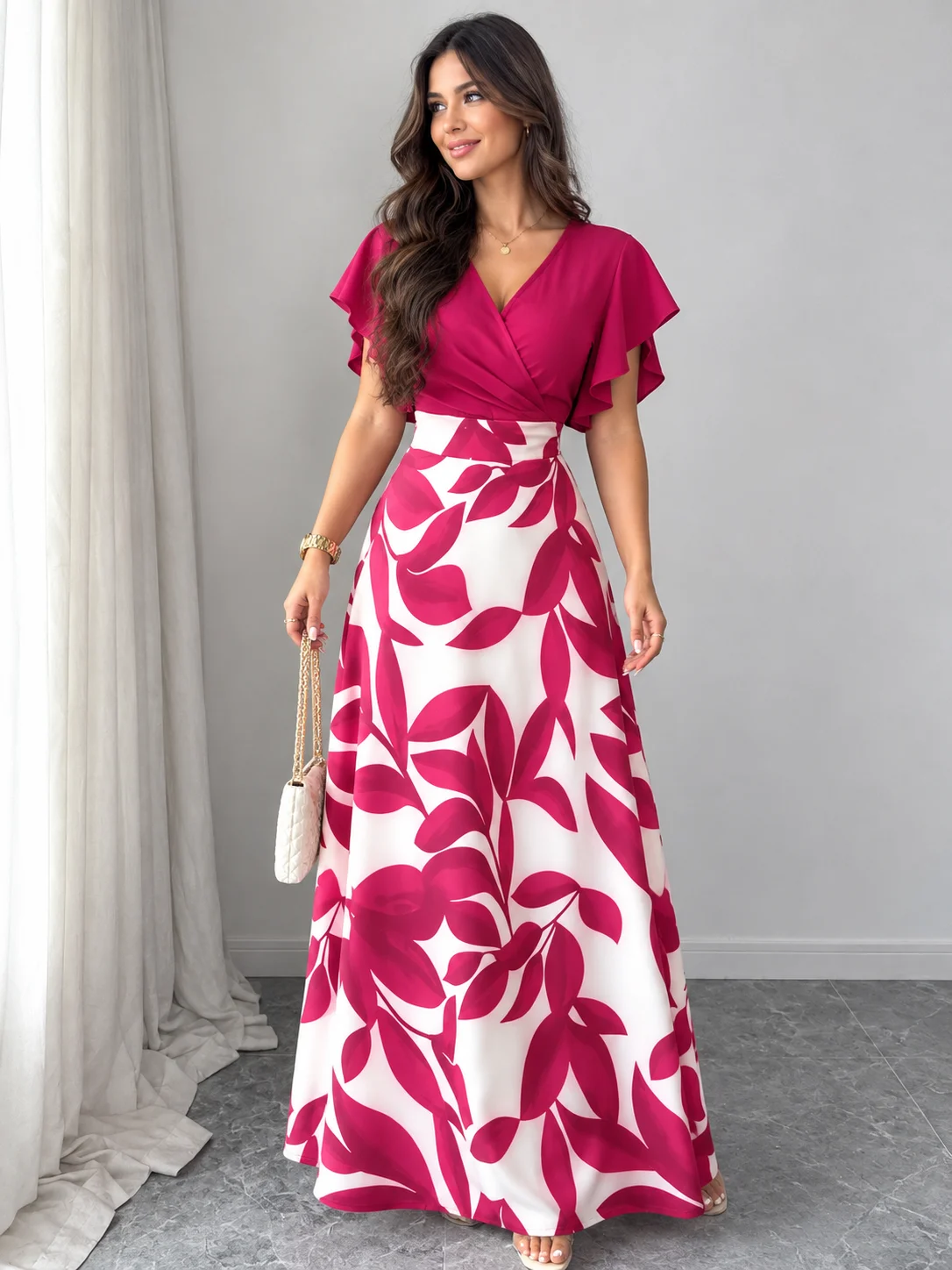 Elenzga Women's Elegant Maturity Black Leaf Pattern Ruched Cap Sleeve Fitted Fla Dress, Autumn And Winter And The Four Seasons Garden Party Brunch product image (6)