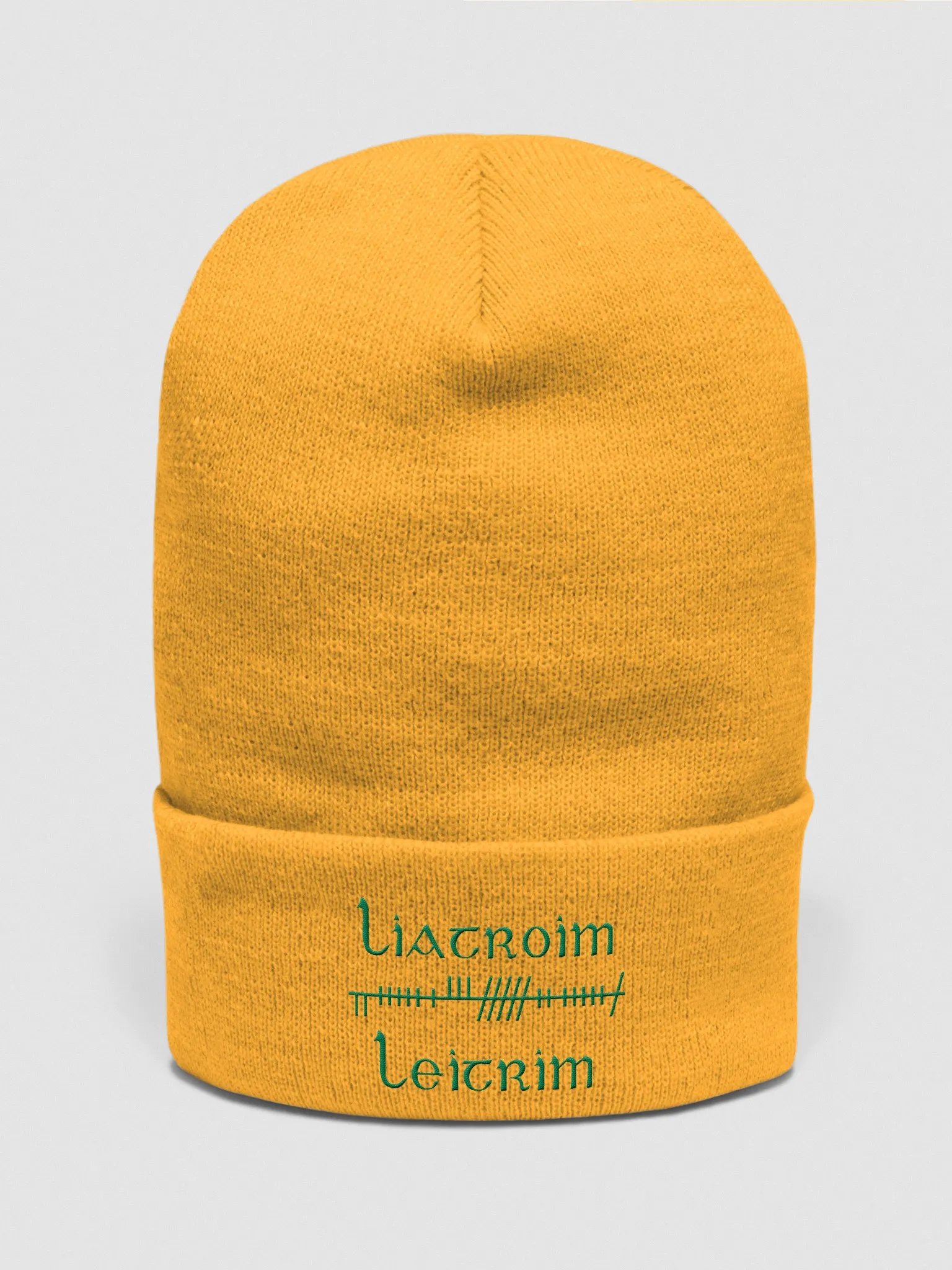 Leitrim/Liatroim Orthodox style Ogham, Gold with Green, embroidered Cuffed Beanie product image (1)