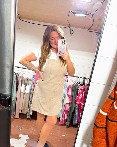 Check out Corduroy Overall Dress with Pocket This khaki corduroy overall dress is the perfect blend of cozy and chic! Featuri...