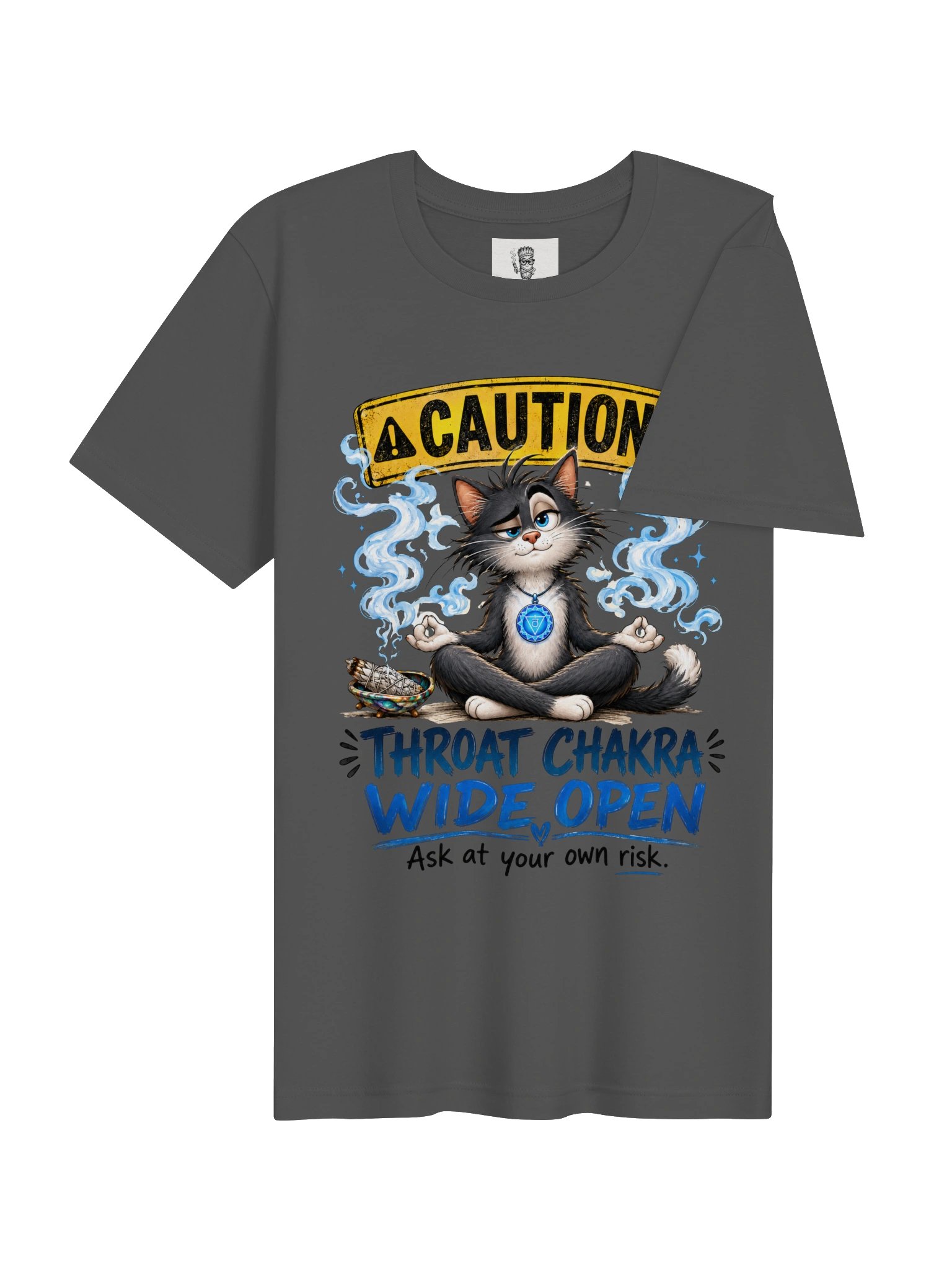 Caution: Throat Chakra Wide Open Meditation Cat Shirt product image (4)