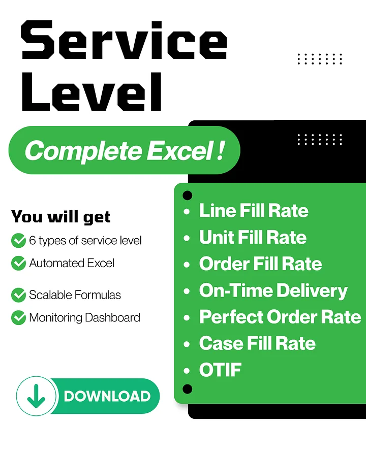 Supply Chain Service Level Calculator Excel Template | 6 KPI Metrics with SKU-Specific Cycle Service Level Analysis product image (1)