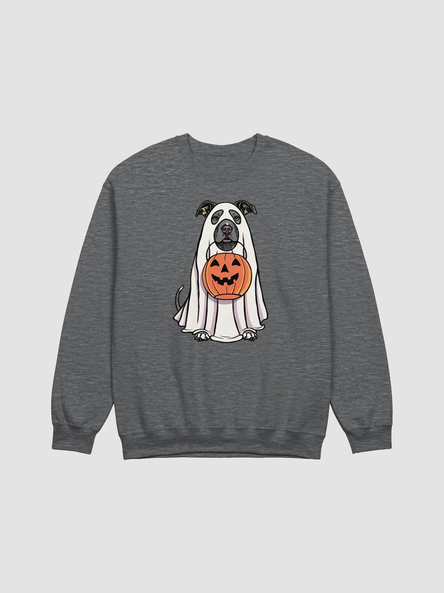 Funny Halloween Pitbull Terrier(Blue) Sweatshirt | Funny Pittie Wearing a Ghost Costume and Holding a Pumpkin Basket product image (1)