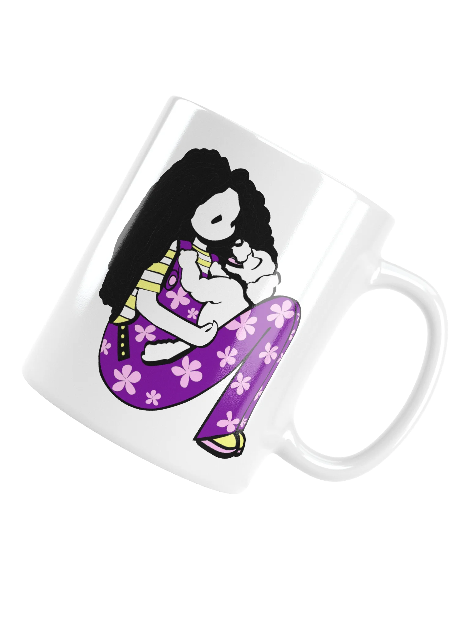 Mug: Girl with laughing dog: purple pink yellow product image (5)