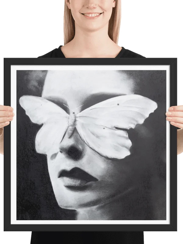 White Butterfly Charcoal Drawing Matte Print | Surreal Fine Art Wall Decor | Monochrome Butterfly Portrait | Emotional Black and White Artwork product image (7)