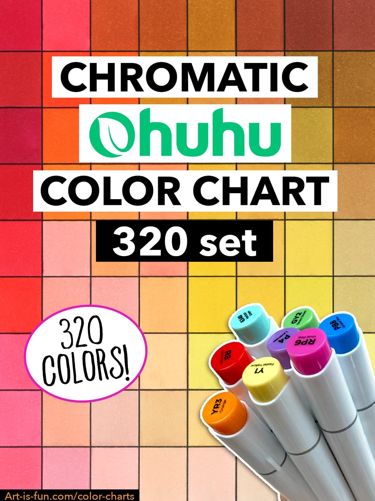 Ohuhu Color Chart - 320 Honolulu Colors (NEW + OLD) in Chromatic Order (Hex + Grid) product image (7)