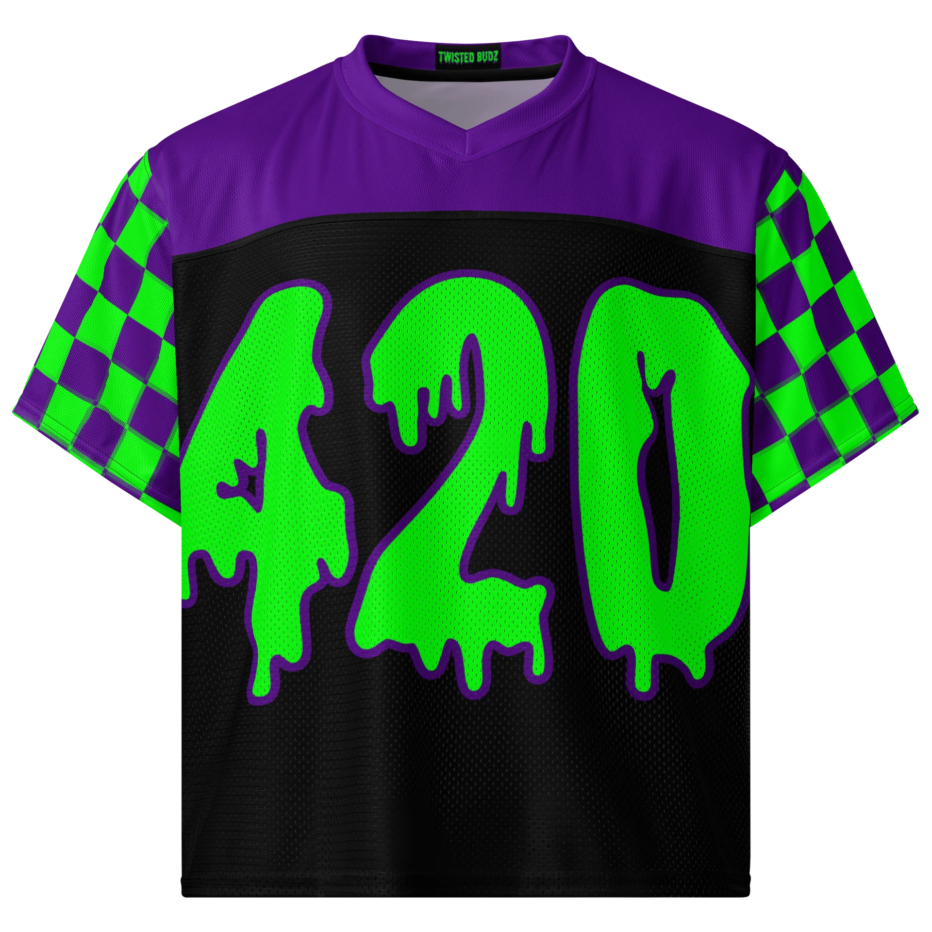 420 Rave Boxy Football Jersey, Twisted Cannabis Top, EDM Stoner Shirt, Weed Music Festival Fashion, Black Purple Neon Green Checkers Clothes product image (3)