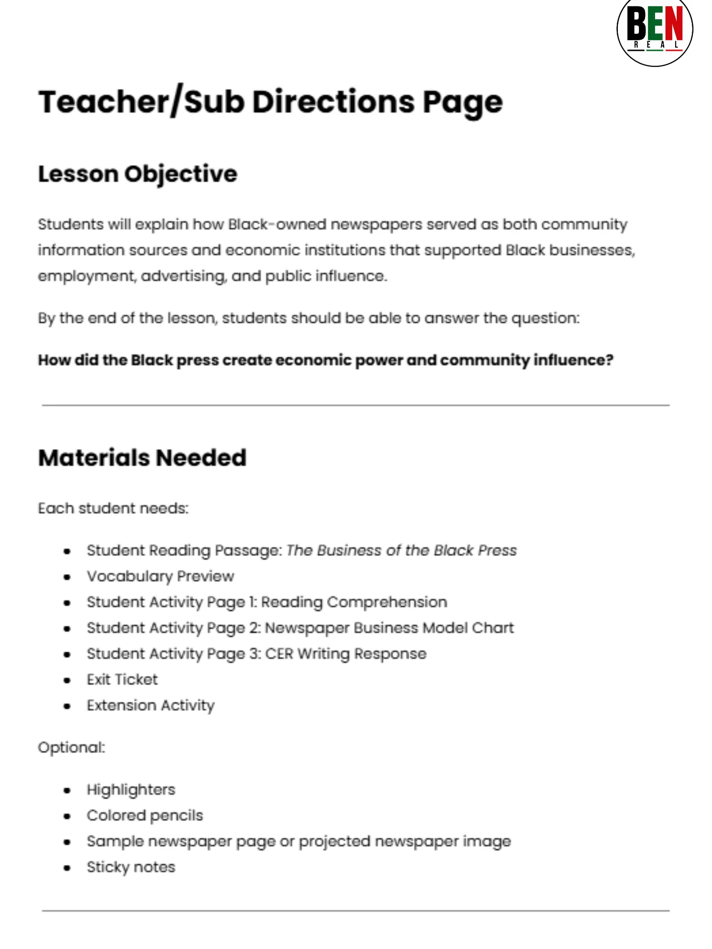 Black History 365 Sub Plan: The Business of The Black Press | Middle School Economics| 60-Minute Lesson product image (4)