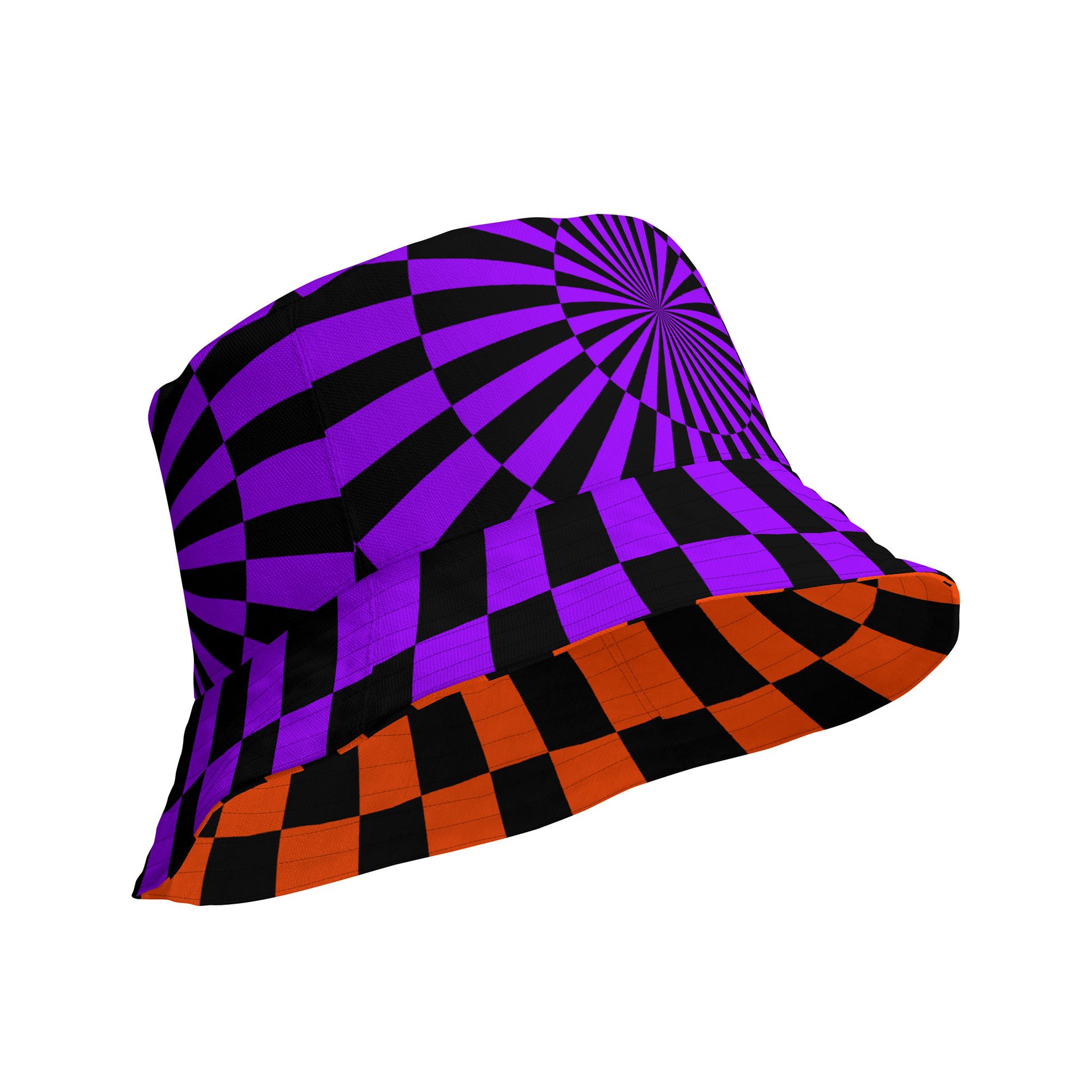 Psychedelic Rave Reversible Bucket Hat, Halloween Orange Black Purple Checkers Circus Accessory, Spiral Trippy Techno Festival Fashion product image (4)
